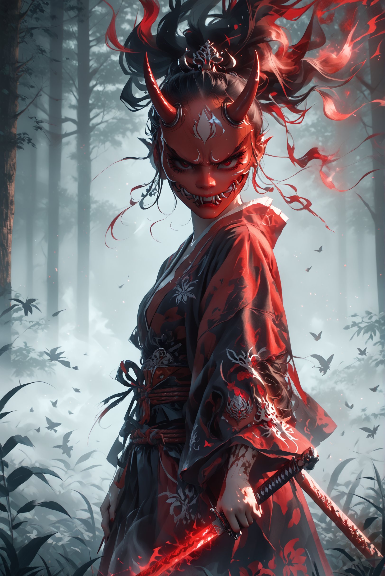 (ethereal dark fairy tale by Nicola Samori, JC Leyendecker), young anime girl fight stance in a dark forest holding sheath of a bloody katana, dark red kimono, chrysanthemum floral décoration, (dark + gothic, + foreboding background:1.4), more detail XL,Oni, Demon,Red Mask,HKWARRIOR