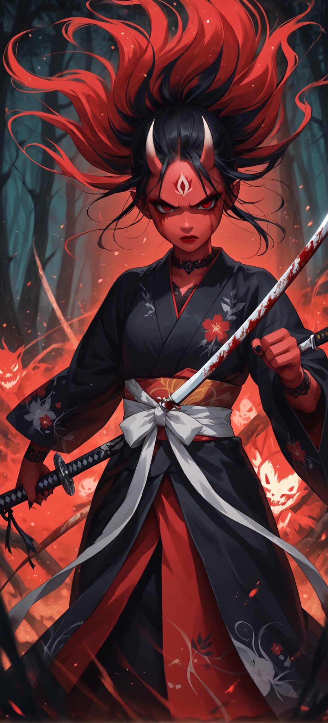 (ethereal dark fairy tale by Tim Sale), young anime girl fight stance in a dark forest holding sheath of a bloody katana, dark red kimono, chrysanthemum, Momiji floral décoration, (dark + gothic, + foreboding background:1.4), more detail XL,Oni, Demon,Red Mask