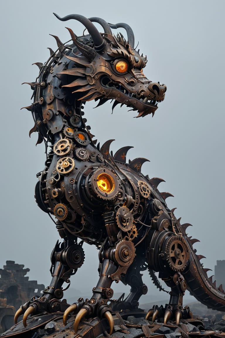 A chinese dragon ,made from gears rusted metal, and glowing parts. The chinese dragon's body is an intricate assembly of interlocking gears and corroded metal plates, giving it a rugged, industrial appearance. Its eyes and certain joints feature glowing, luminescent elements that pulse with an eerie light. The background is a dark, misty landscape with hints of ancient ruins, enhancing the mythical and mechanical nature of this fantastical creature,adding to the steampunk atmosphere.",Mechanical