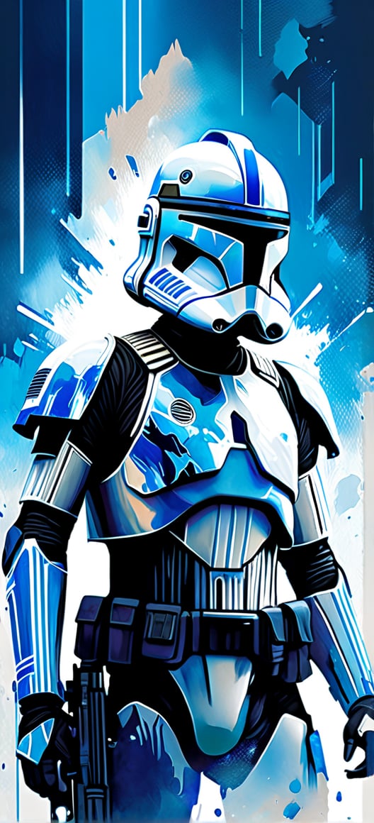 Clone trooper, Captain Rex, urban Comics, blue ornaments, Starwars, sci fi, highly technology, iconographic, glitch background, , watercolor, ink, mist, interactive image, highly detailed, art style by Clayton Crain + Ross Tran + Rachel Walpole + Jeszika Le Vye + Dan Volbert + Simon Stalenhag + Brian Stelfreeze