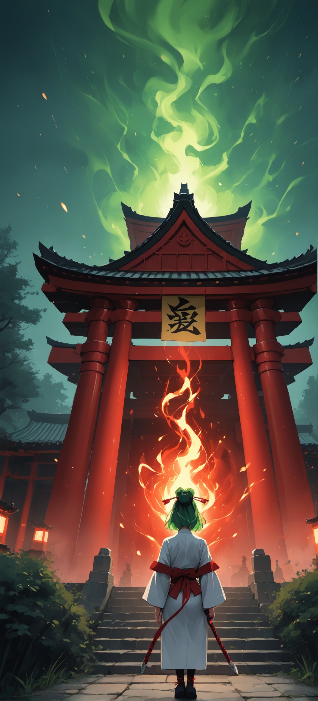 A captivating and enigmatic digital illustration features a shadowy figure, seemingly  a samurai girl, kneeling amidst a dimly lit, foggy field. green hair, medium hair, red eyes, concealing their identity. Their hand grips a magnificent sword with intricate engravings that emit a mesmerizing, fiery red aura. The background reveals a traditional, architectural structure—possibly a temple or shrine—bathed in the soft glow of floating embers or fireflies. The composition by Hans Darias exudes an eerie atmosphere, skillfully blending warm and cool tones to evoke a palpable sense of tension and expectation.,ichika