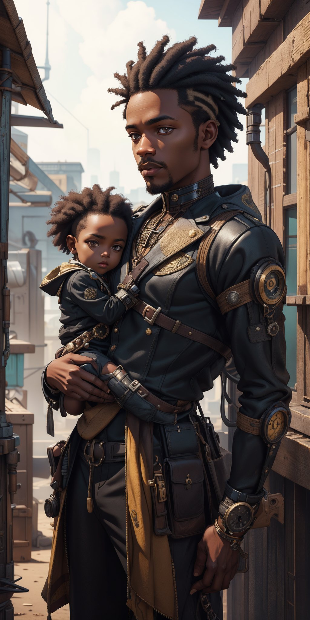 1man, solo, african, afro hair cut, Miles Morales, An adventurous black male in a steampunk-style outfit,Realistic, (masterpiece 1.2), (ultra Max high quality 1.2), (high_resolution 4k), (high detailed face), high-res CG textures., An adventurous black male in a steampunk-style outfit, engineer, with a clockwork steampunk baby dragon , Detailedface,marika,defTifa,Detailedface,Kafka(hsr),hmmikasa