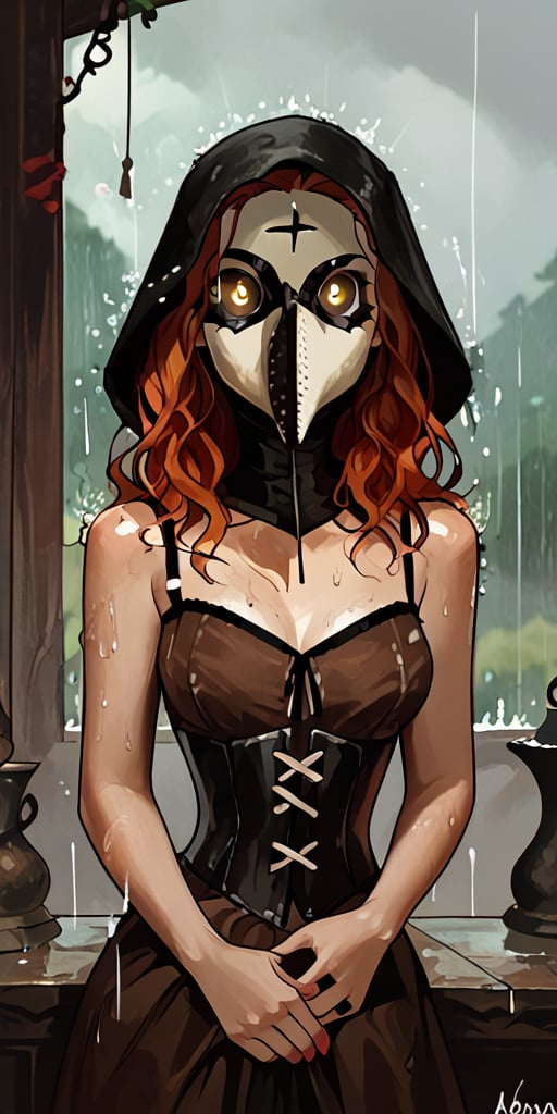 score_9, score_8_up, score_7_up, female_solo, hazel eyes, red hair, slender hot body proportion, looking at viewer, brown dress,corset, leather plague doctor mask, depth_of_field, rainy, venice city, d4rk01l,Amy