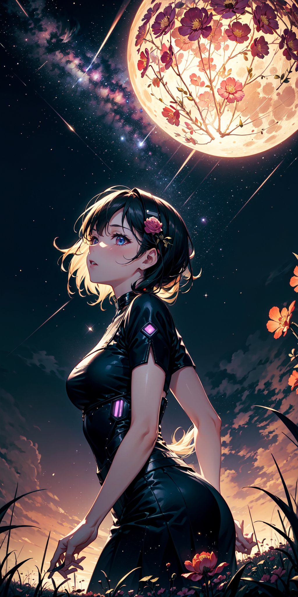 (bottom view), cyberpunk girl standing in a flower field looking up (full moon), (shooting stars), (nebula), peonie, (warm light source:), (Firefly), intricate details, volumetric lighting, (masterpiece), (best quality), 4k, ultra-detailed, (dynamic composition), highly detailed, colorful details, (rainbow colors), (glowing lighting, atmospheric lighting), dreamy, magical,