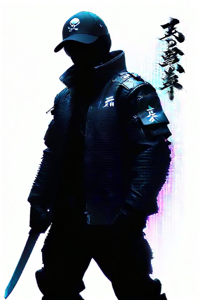 assassinkahb style, a black and white photo of an Cyborg Samurai assassin wearing a high collar motorcycle jacket with japanese writing on the back, fight stance, fists up, Split, solo, simple background, shoulders implementations of wires and nano Future Tech, Large sedge hat, 1boy, white background, jacket, monochrome, upper body, greyscale, male focus, long hair in wind, weapon, clothes writing, skull, skeleton, japanese flag, creating a Synthwave sunrise scene with bleaked dark colorful Neon and black details,pitate hat,pirate patch eye on left eye