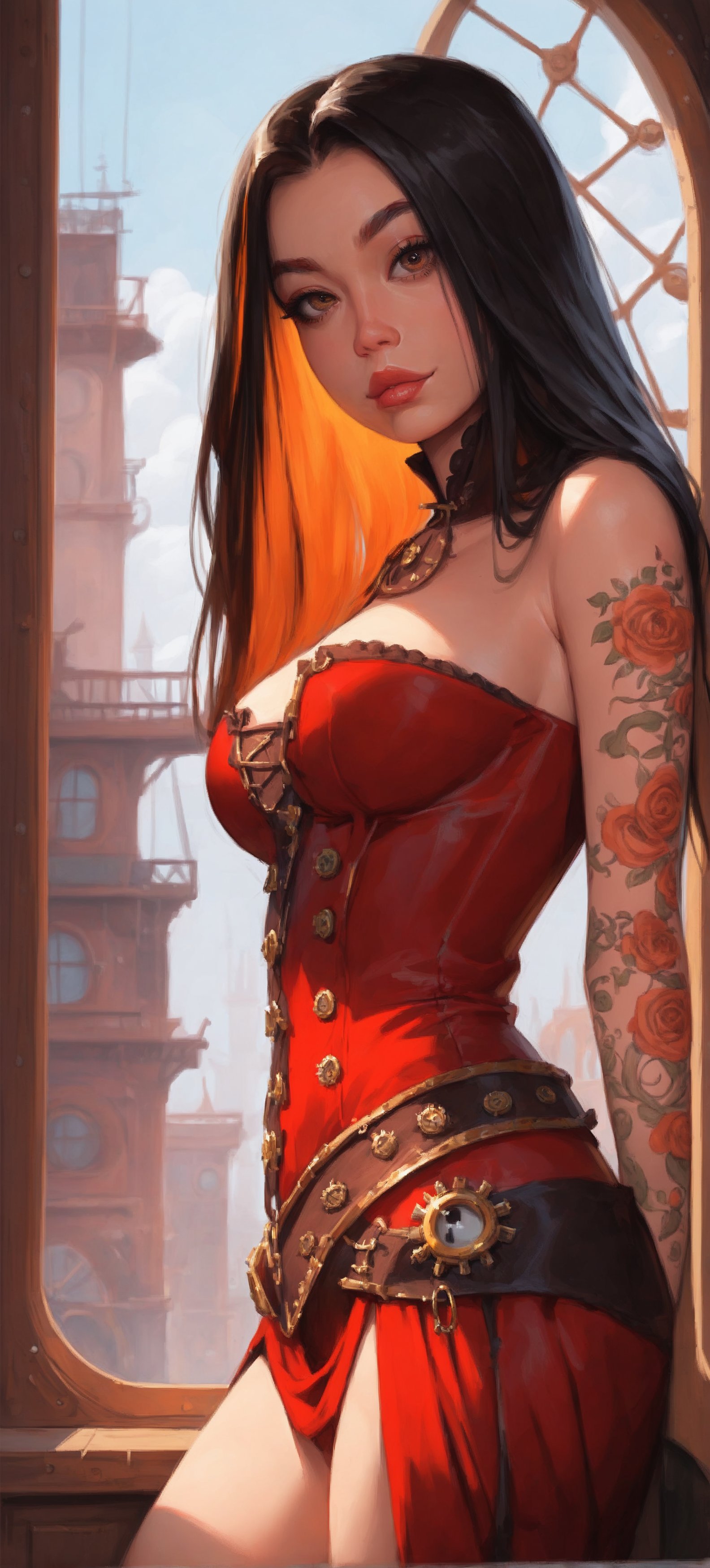 score_9, score_8_up, score_7_up, steampunk girl, 1girl, solo, looking at viewer, long hair, bare shoulders, (black hair, orange hair, two-tone hair), tattoos, hazel eyes, full pouty lips, red makeup, steampunk city background, large breasts, detailed clothes, revealing clothes, looking at viewer, asian face