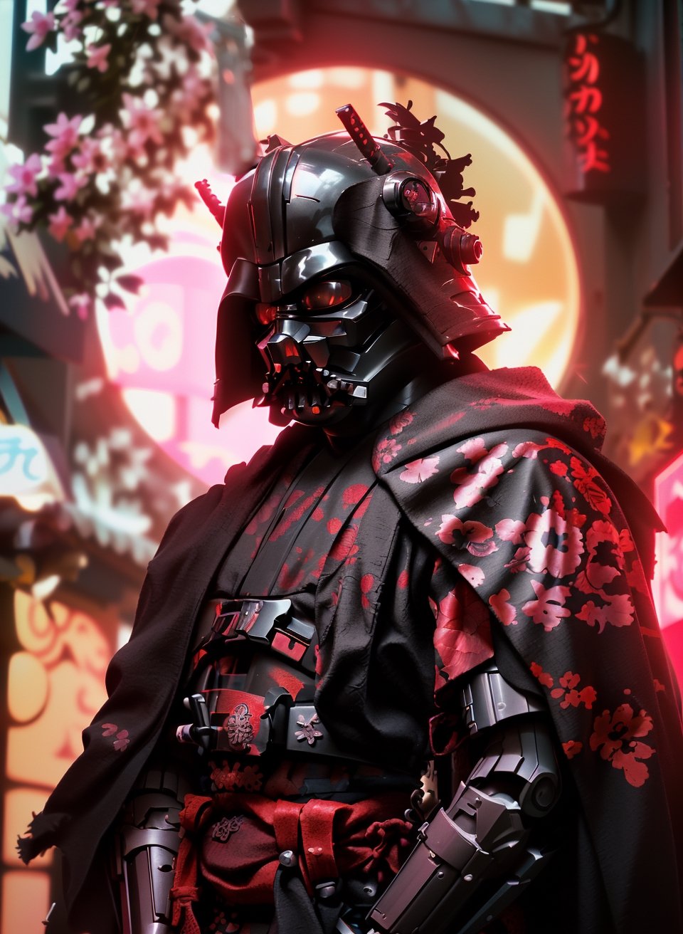 (8k uhd, masterpiece, best quality, high quality, absurdres, ultra-detailed, detailed background), (full body:1.4), (a Japanese Darth Vader samurai), (beautiful, aesthetic, perfect, delicate, intricate:1.2), (Darth Vader color scheme: black, white, black print robe), (type of armor: samurai style helmet, black eyes, bone and leather), (environment: ancient Japan street, outside, cyberpunk, Cyberpunk), perspective: slightly low angle to emphasize the warrior's power, lighting: dramatic, with a spotlight illuminating the warrior's face and sword, stormtroopers, (depth of field: shallow, with the warrior in sharp focus and the fiery background slightly blurred)