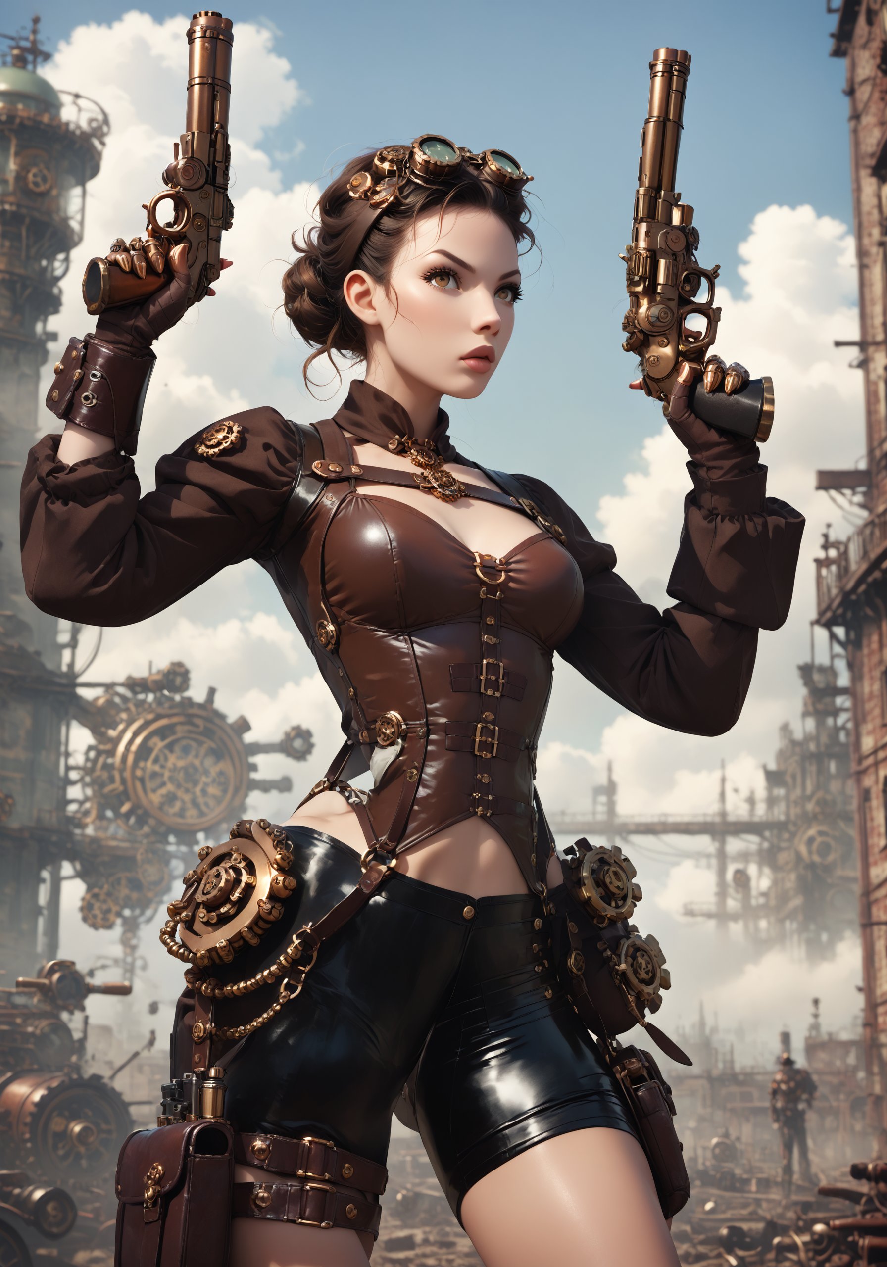 score_9_up score_8_up score_7_up, 1girl,  medium black hair, hazel eyes, cyborg steampunk hybrid, android, (mechanical arms, mechanical legs, cyborg, prosthesis),(holster,harness, two steampunk handguns), intricate corset, pointed handguns, action, action_pose, viewed_from_side, depth_of_field, detailled background, steampunk city, dystopian city, clear blue Sky, steampunk aircraft ,DonMSt34mPXL, steampunk