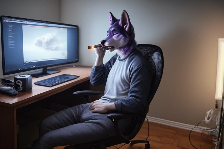 anthro, purple husky, male, adult, slender, soft fur, sweat pants(medium crotch Bulge), tight >black< shirt (random shirt Logo), sitting at desk, looking at Computer(gaming), Smoking Marijuana(blunt in mouth), Marijuana Smoke(Thick Cloud), Hot Boxed(Bedroom), realistic fur, detailed background, bedroom background, sitting in chair(at Desk), livestreaming, Headset(on ears), LEDS (Room accents), realistic, photorealistic, ultra realistic, 8k,