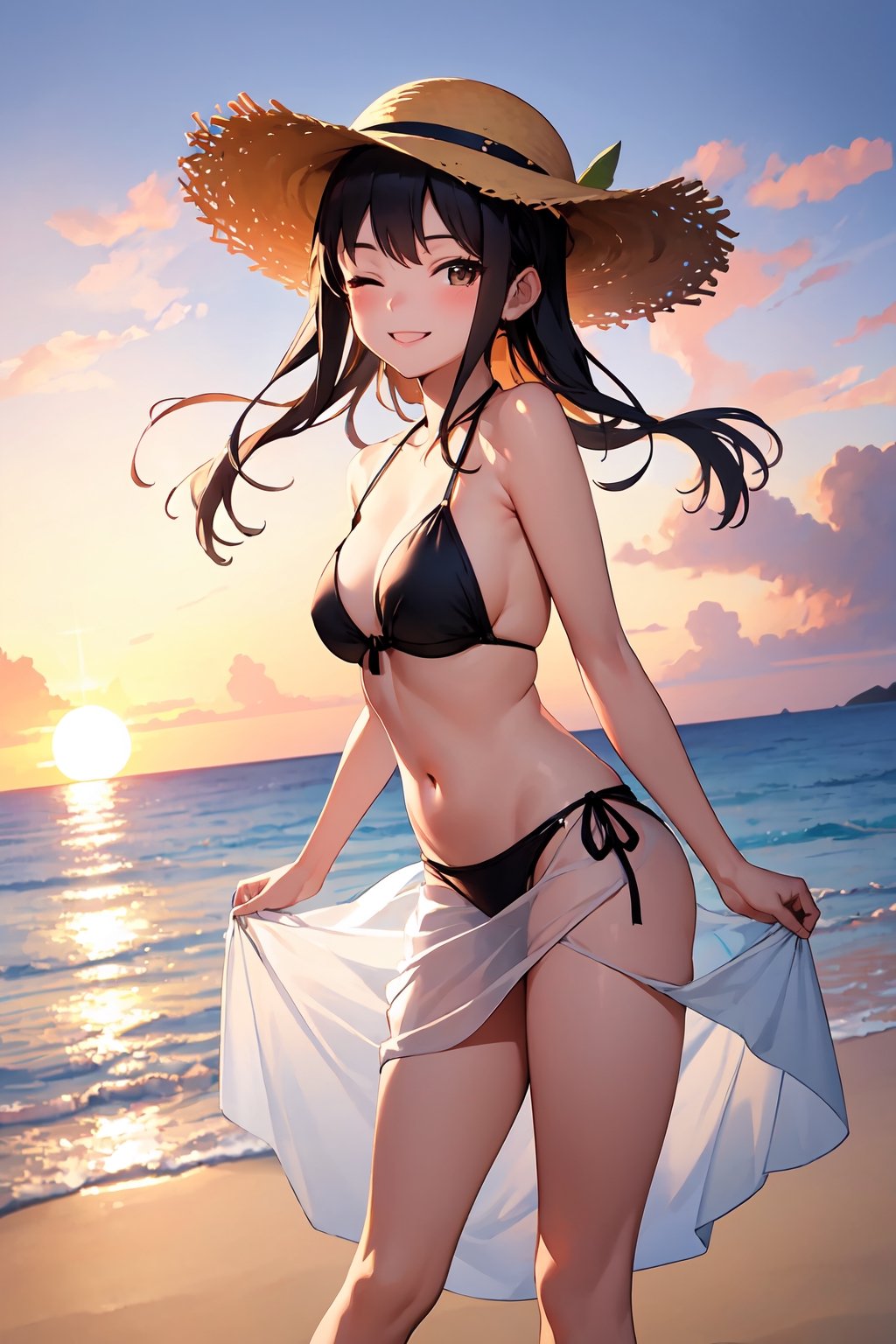 (masterpiece, best quality), 1girl, black bikini, not see through white sarong, white skirt, petite, standing, beach, sunset, smile, straw hat, big smile, eyes closed, eye smile, bend forward