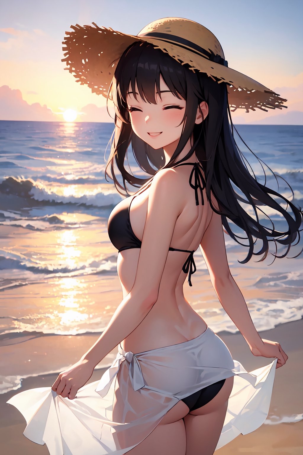 (masterpiece, best quality), 1girl, black bikini, white sarong, white skirt, petite, standing, beach, sunset, smile, straw hat, big smile, eyes closed, eye smile, bend forward