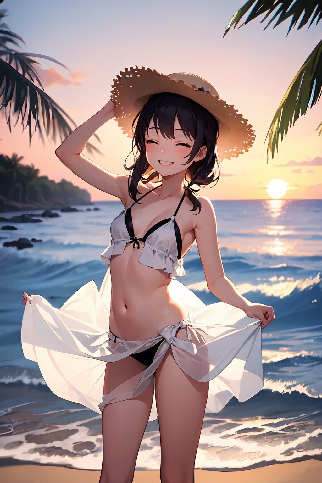 (masterpiece, best quality), 1girl, black bikini, white sarong, white skirt, petite, standing, beach, sunset, smile, straw hat, big smile, eyes closed, eye smile, bend forward