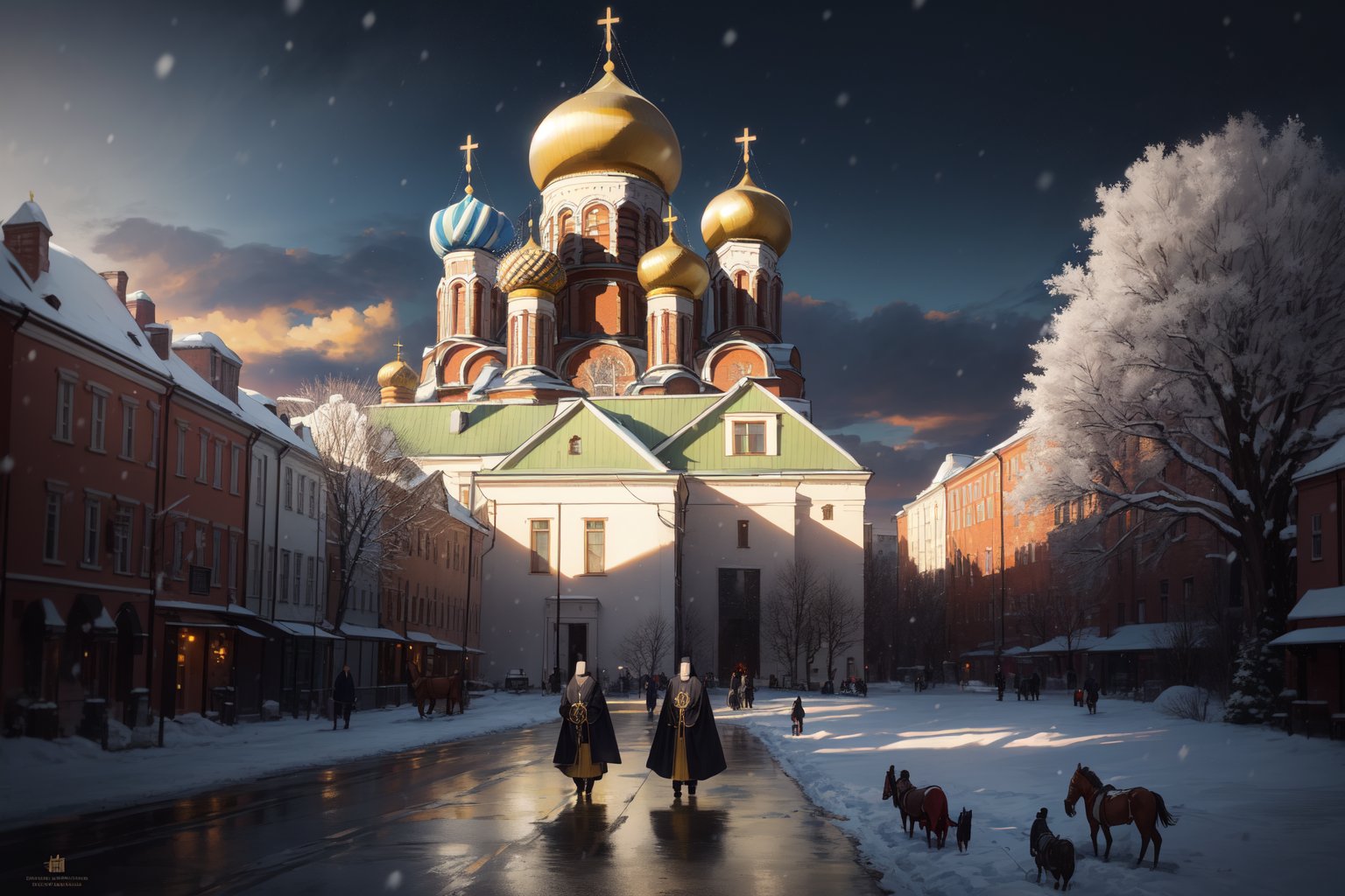 highres, ((masterpiece)), ultra detailed, ancient city, St. Petersburg 19th century, people walking down the street, trees in the background, horses carrying carriages, 19th century clothing, dirt streets, snowing, (((orthodox church in the city center))),FFIXBG