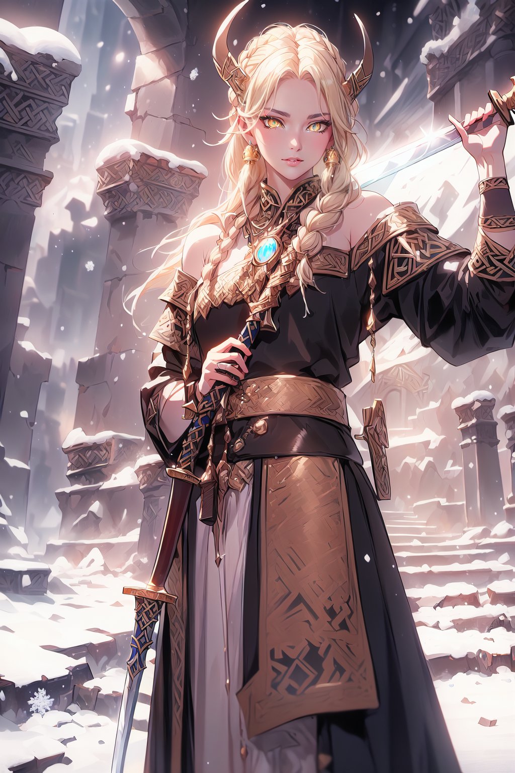 highres, ((masterpiece)), ultra detailed, ((1girl:1.4)), otherworldly hues, (((landscape ruins background, snowy landscape))), (((viking woman))), (((amber eyes))), surreal landscapes, braided hairstyle, ((ash blonde hair)), (((viking outfit))), cold colors, pale skin, (((rude look, looking at the viewer))), (((holding a sword behind his shoulders)))