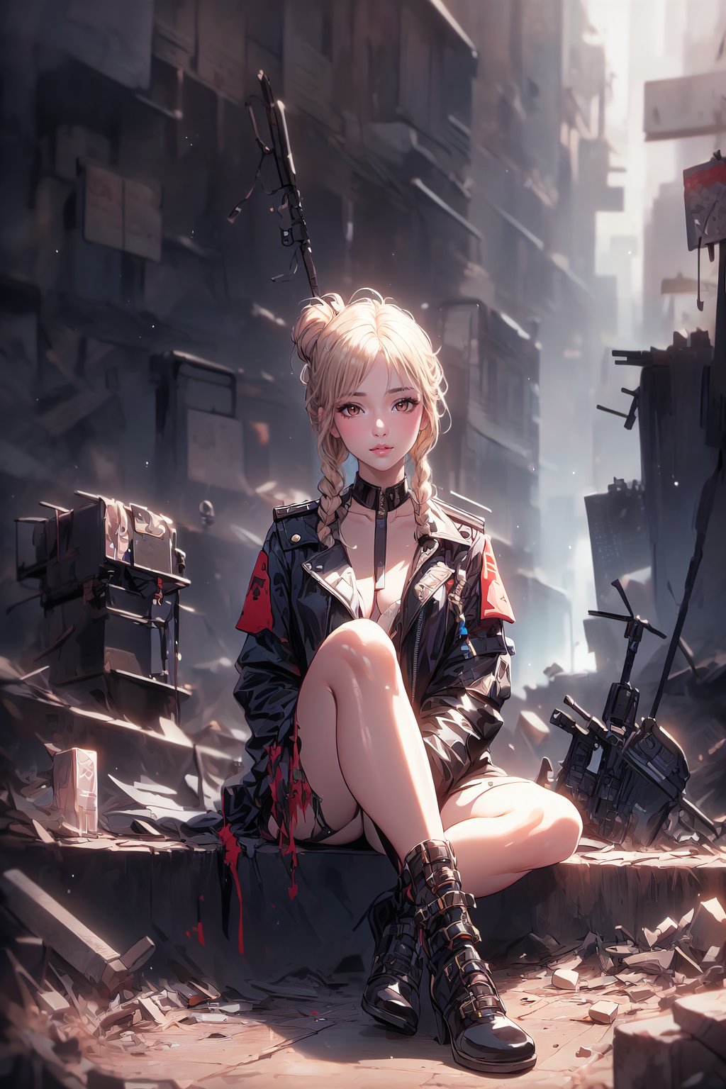 highres, ((masterpiece)), ultra detailed, ((1girl:1.4)), photography, otherworldly hues, (((post apocalyptic world, abandoned city, dystopian background))), (((female soldier))), ((poor light)), surreal landscapes, braided hairstyle, ((ash blonde hair)), lidded eyes, ((brown eyes)), ((outlined eyes)), small eyes, close up angle, gorgeous, sharp eyes, (((apocalyptic outfit))), dull, muted colors, cold colors, ((highly detailed eyes)), pale skin, (((Cold look, looking at the viewer)), (((sitting crossing legs))))