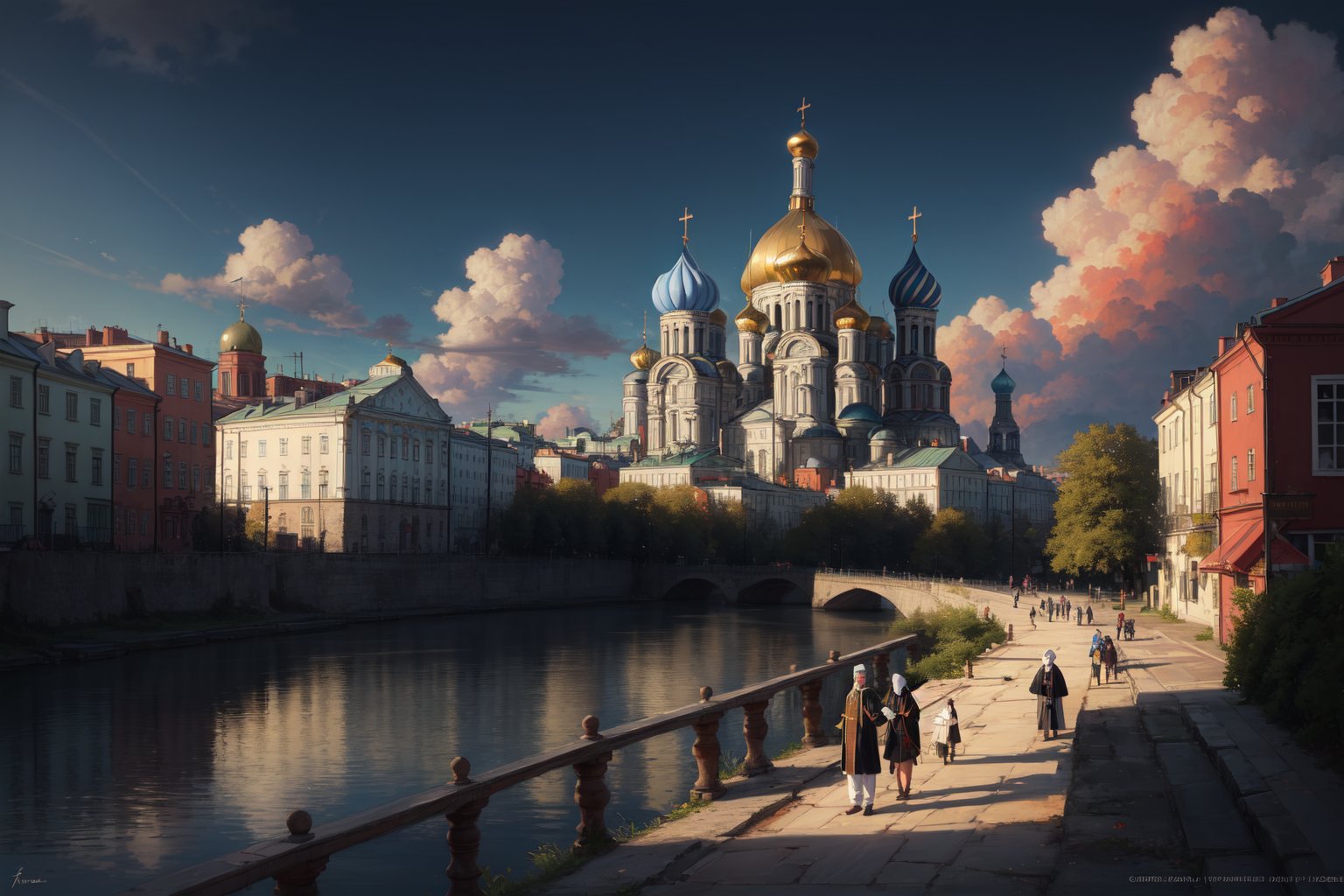 highres, ((masterpiece)), ultra detailed, ancient city, 19th century clothing, st petersburg, 19th century, background orthodox church, boat port, people near the port, river, FFIXBG