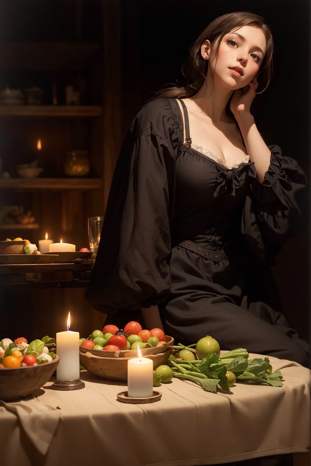 high resolution, ((masterpiece)). Work of the painter Petrus van Schendel. Chiaroscuro technique, oil painting. (((Dark stage, the woman stands out due to the lighting))). Young woman with tied brown hair, sensual gaze at the viewer, mouth slightly open, resting one leg on the table, dressed in 19th century Dutch clothing, illuminated face, ((lighting only with candles)). ((Scene set in 19th century Holland, evening and night market, people and street vendor stalls in the background surrounded by deep shadows, table full of fruits and vegetables, (((candle near the woman's face))), people behind the woman