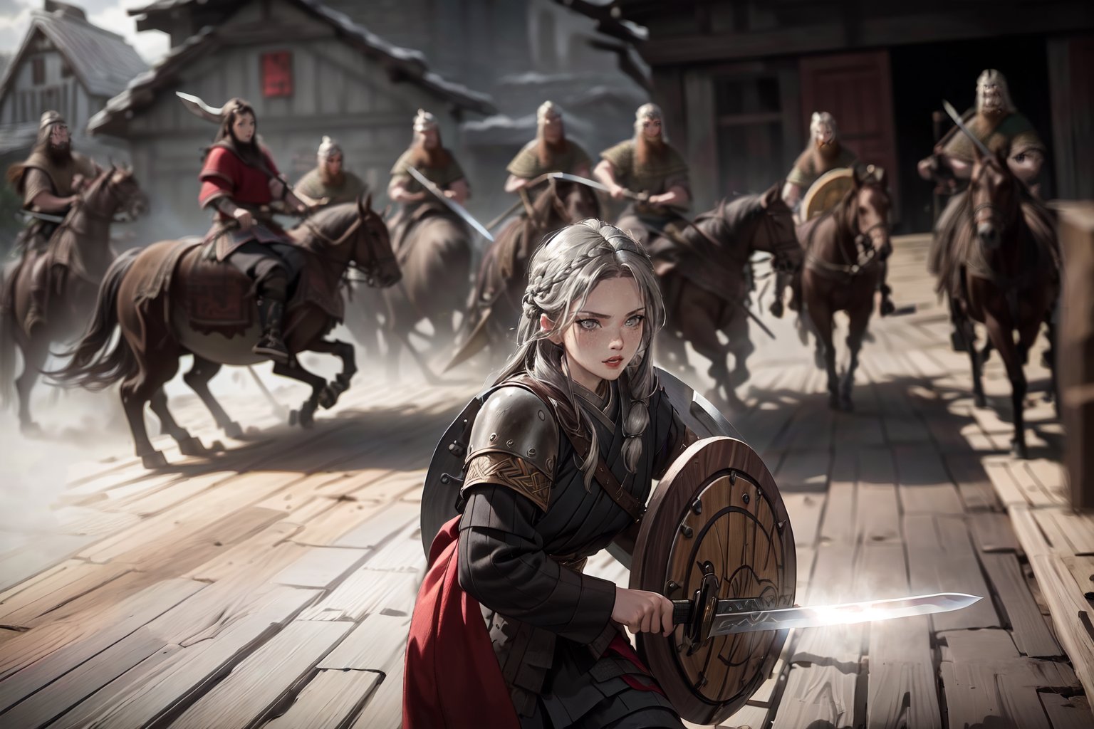 highres, ((masterpiece)), ultra detailed, (((viking men on horses, attacking))), (((girl on the defensive, scared, holding wooden shield and a sword))), (((grey eyes,scared look))), sharp eyes, small eyes, lidded eyes, surreal landscapes, braided hairstyle, ((((black_hair)))), (((village woman, village clothing))), cold colors, pale skin, (((confrontational atmosphere)))