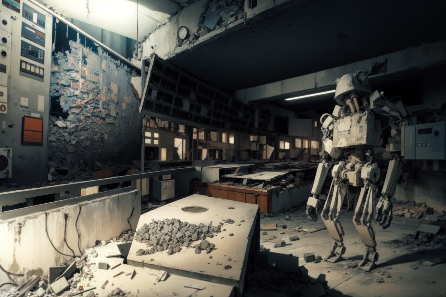 high resolution, ((masterpiece)), Chernobyl, Ukraine, destroyed city, control room of reactor 4 from inside, nuclear accident, large robot looking at control room, robot made with radiation-worn metal, weathered robot, rubble, black and white image, some sections in color, cold colors, MetalAI,