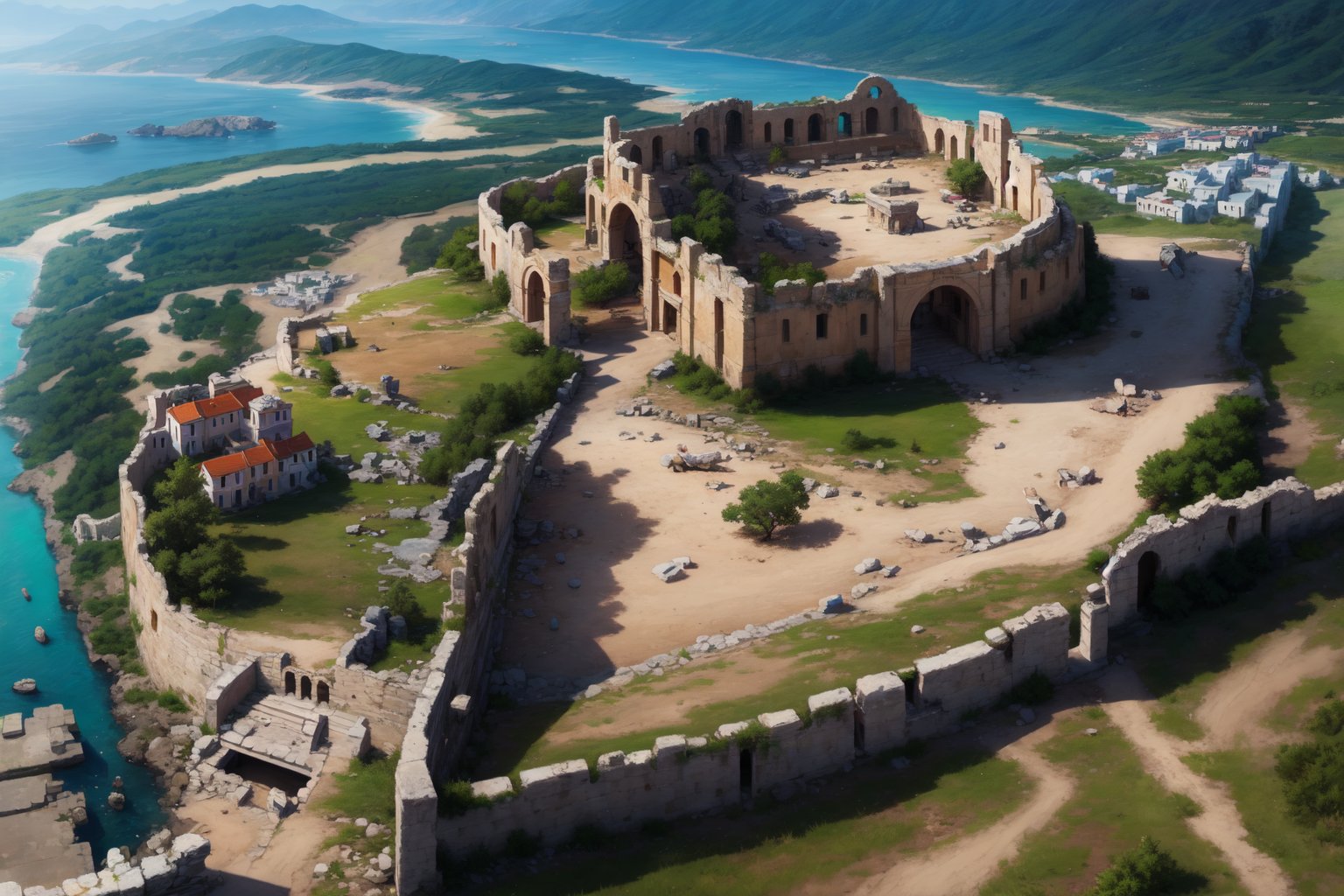 highres, ((masterpiece)), ultra detailed, ancient city, Argos, Greece, Argos greek city of the Peloponnese, greek mythology, greece environment, castle Larissa aerial view, ruins, some trees, LostRuins,scenery