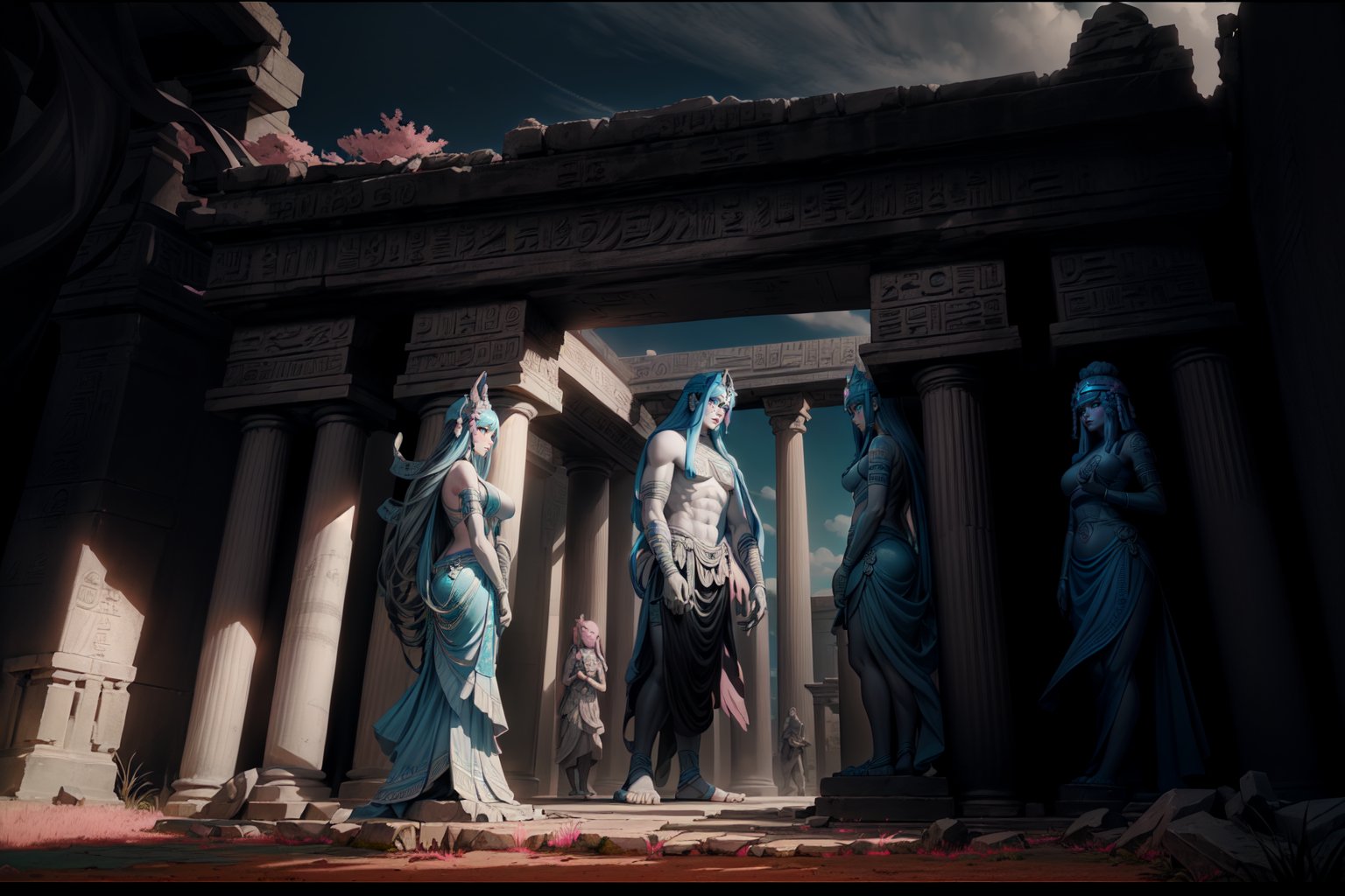 high resolution,(((masterpiece))),black and white image,ultra detailed,giant ancestral temple entrance,(((giant ancient temple))),{((((trees,pink fantasy trees,pink grass))))},black and white temple,giant columns,ruins,(((giant ancestral statues that guard the entrance,living statues,conversing among themselves,black and white statues with some parts in soft
blue and soft pink))),temple of another world,abandoned world,((hieroglyphics)),another language,temple made with stone,(((soft pink and soft blue colors))),combination of black and white colors with soft colors, ((((some sections with color))))