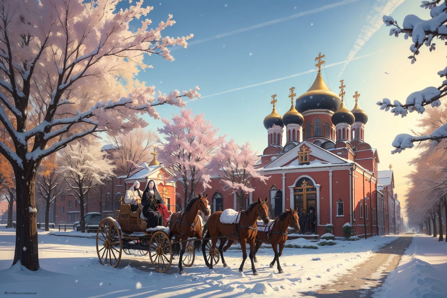 highres, ((masterpiece)), ultra detailed, ancient city, St. Petersburg 19th century, people walking down the street, trees in the background, horses carrying carriages, 19th century clothing, dirt streets, snowing, (((orthodox church in the city center))),FFIXBG