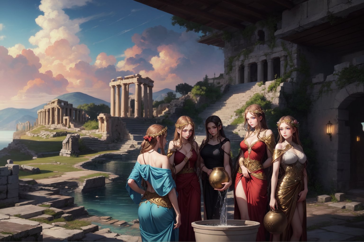 highres, ((masterpiece)), 5girls, ultra detailed, ancient city, Argos, Greece, Argos greek city of the Peloponnese, {(((greek mythology clothing)))}, (greek mythology), greece environment, Danaides the daughters of Danaus, in the castle of Argos in Greece, putting water in a vase, holding vases, clothing from Greece,ruins, some trees, LostRuins,scenery