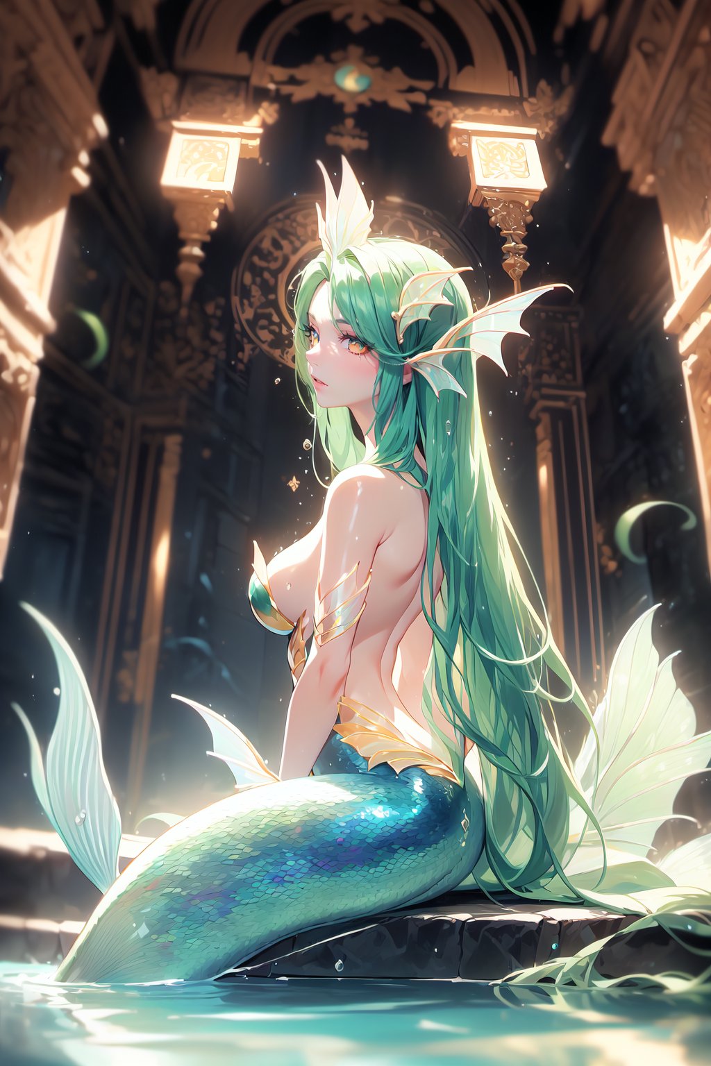 highres, (masterpiece), ultra detailed, (1girl:1.4),photography, otherworldly hues, surreal landscapes,hair down, medium tits, blushing,lidded eyes,(((outlined eyes))), small eyes, ((asian mermaid woman)),gorgeous,(((water green hair, water green hair_hair))), (((white_mermaid tail and gold_mermaid tail))), (((in an temple,impressive,detailed temple,water))), long straight hair, tough looking face,(suggestive look), sharp eyes, (((art nouveau outfit))), blushing expression,soft smile, highly detailed eyes, pale skin,seductive_pose, bare shoulders,water glow, ((posed facing viewer,in water)),(light blue, gold, white, light colors), (((art nouveau decoration))), (((mermaid tail in water, torso out of water, sitting)))