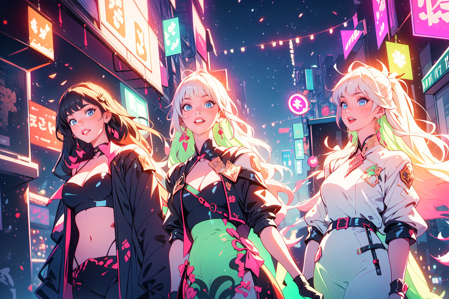 highres, {(masterpiece)}, ultra detailed, 3 girls, photography, otherworldly hues, smiling, having fun, surreal landscapes, cute girls, chatting among themselves, blushing, beautiful,  close up angle, gorgeous, hair with bangs, looking at each other, {(aesthetic outfit)}, {(night city background)}, highly detailed eyes, pale skin