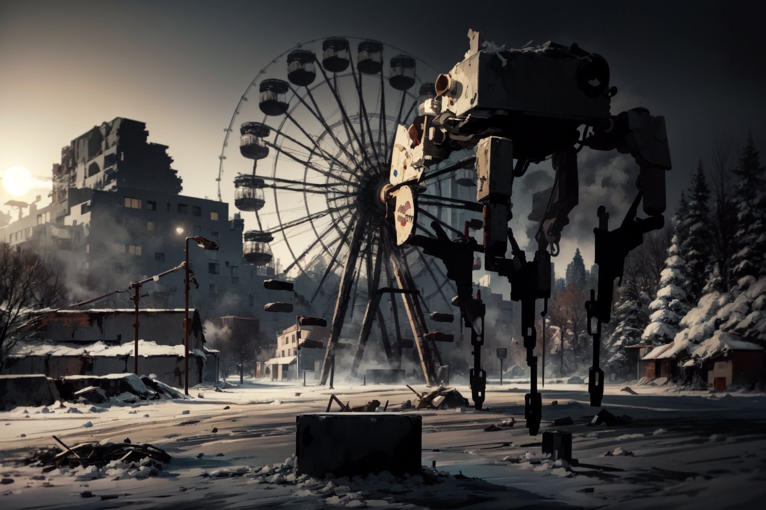 high resolution, ((masterpiece)), Chernobyl, Ukraine, nuclear accident, destroyed city, ferris wheel and trees in the background, large and long robot next to the ferris wheel, robot made with metal worn by radiation, weathered robot, rubble, central nuclear, black and white image, some sections in color, ((cold sun in the background, cold colors)), MetalAI,MetalAI