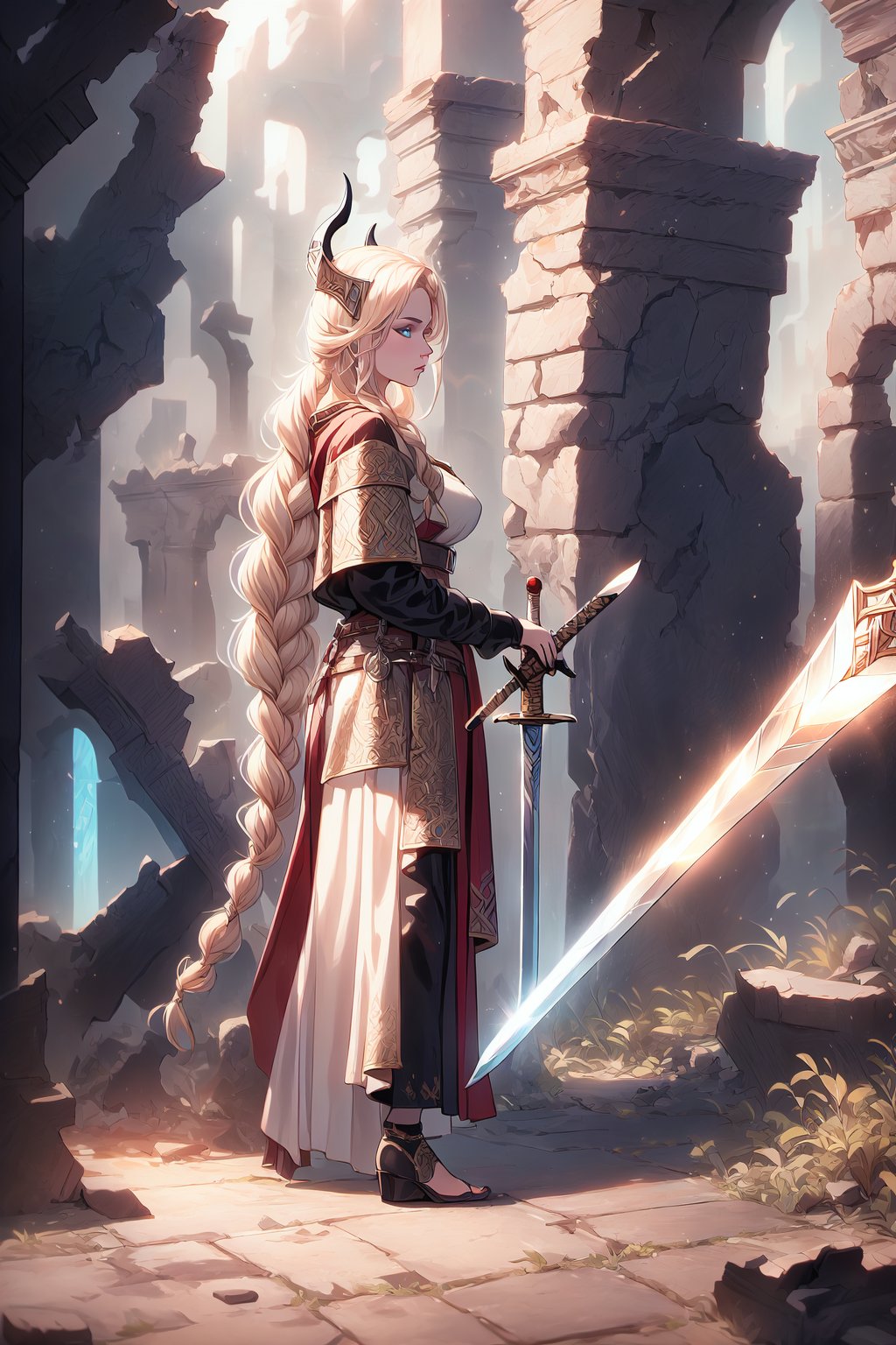 highres, ((masterpiece)), ultra detailed, ((1girl:1.4)), otherworldly hues, (((landscape ruins background))), (((viking woman))), surreal landscapes, braided hairstyle, ((ash blonde hair)), (((viking outfit))), cold colors, pale skin, (((rude look)), (((holding a sword)))