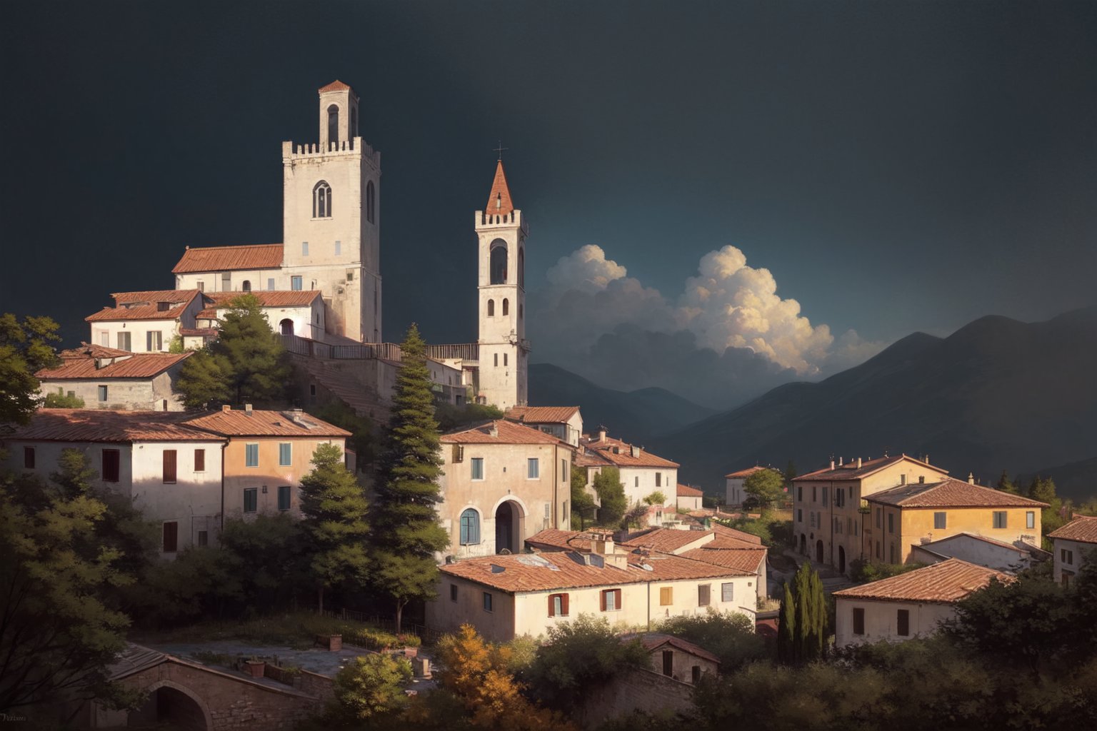 high resolution, (((masterpiece))), Italy, Anchiano village, Italian style 15th century, typical Italian architecture 15th century, several houses stacked, trees, a church, opaque colors, Italian Renaissance