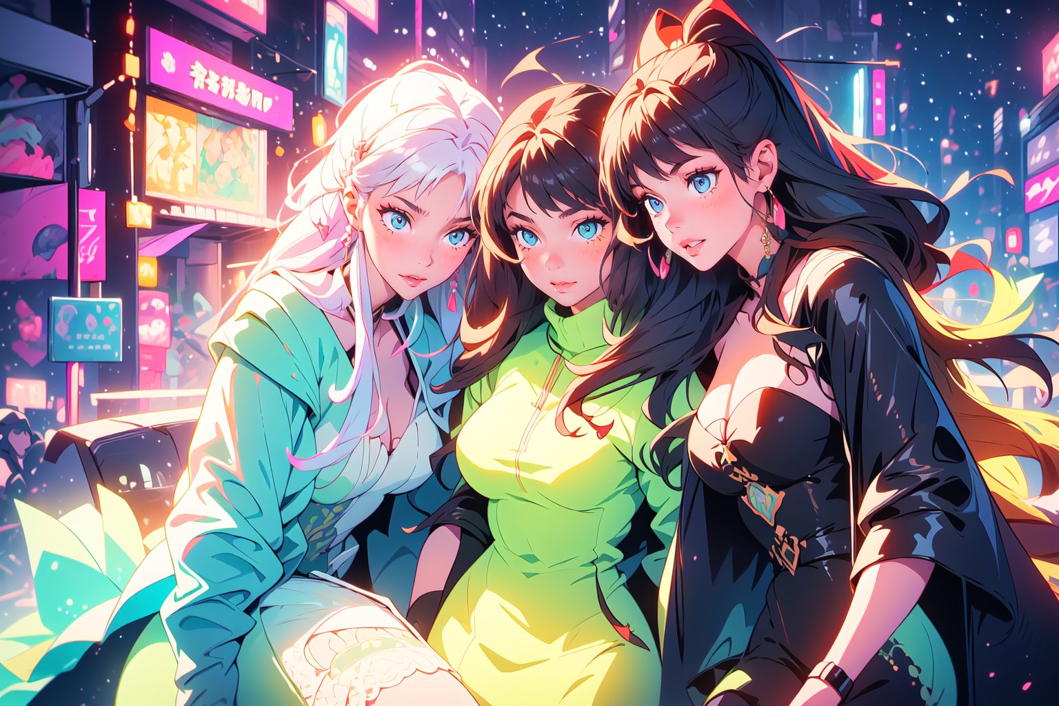 highres, {(masterpiece)}, ultra detailed, 3 girls, photography, otherworldly hues, smiling, having fun, surreal landscapes, cute girls, chatting among themselves, blushing, beautiful,  close up angle, gorgeous, hair with bangs, looking at each other, {(aesthetic outfit)}, {(night city background)}, highly detailed eyes, pale skin