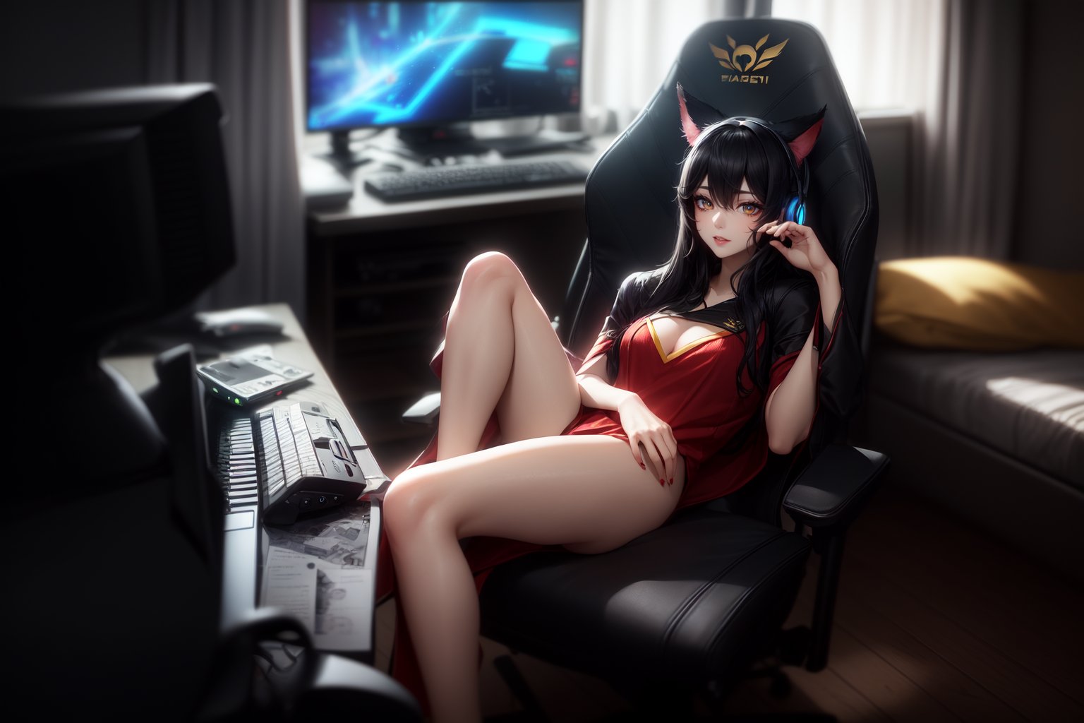 high resolution, ((masterpiece)), game room, with orange and blue neon lights behind the monitor, room background decoration, bed background, ((setup, monitor, speakers, desk, keyboard, chair for gamers black color, Ahri from League of Legends sitting on the gamer chair, sexy, seductive pose, legs on the desk, looking at viewer, fox woman, 9 long white tails, black hair, red clothes, two ears, yellow eyes