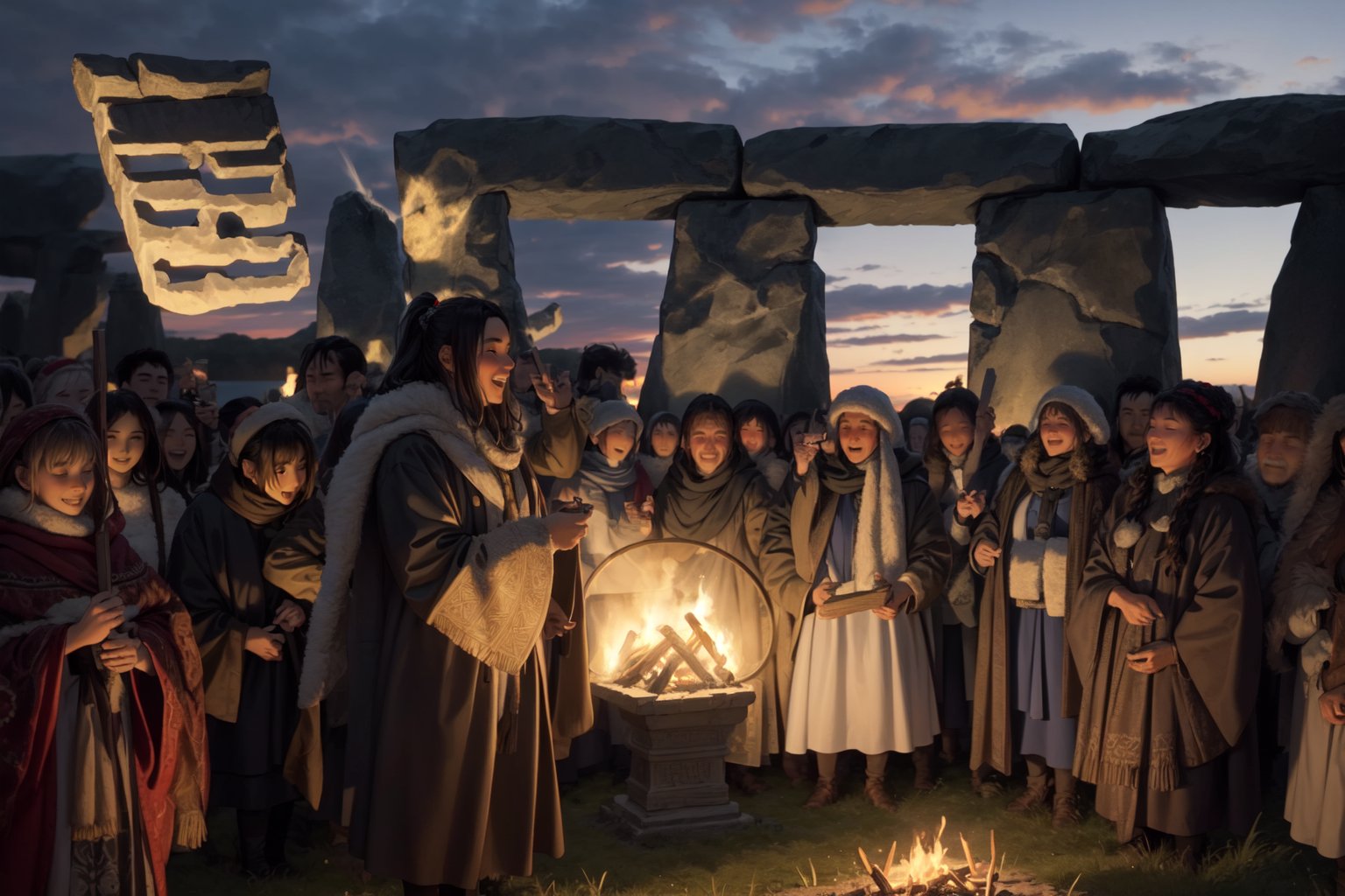 high resolution, ((masterpiece)), Salisbury, England, stone monument of Stonehenge, grass floor only, ((monument on grass)), ((ancient setting, bronze age 3100 BC )), indigenous from continental europe celebrating, happy people, winter solstice, a bonfire in the center