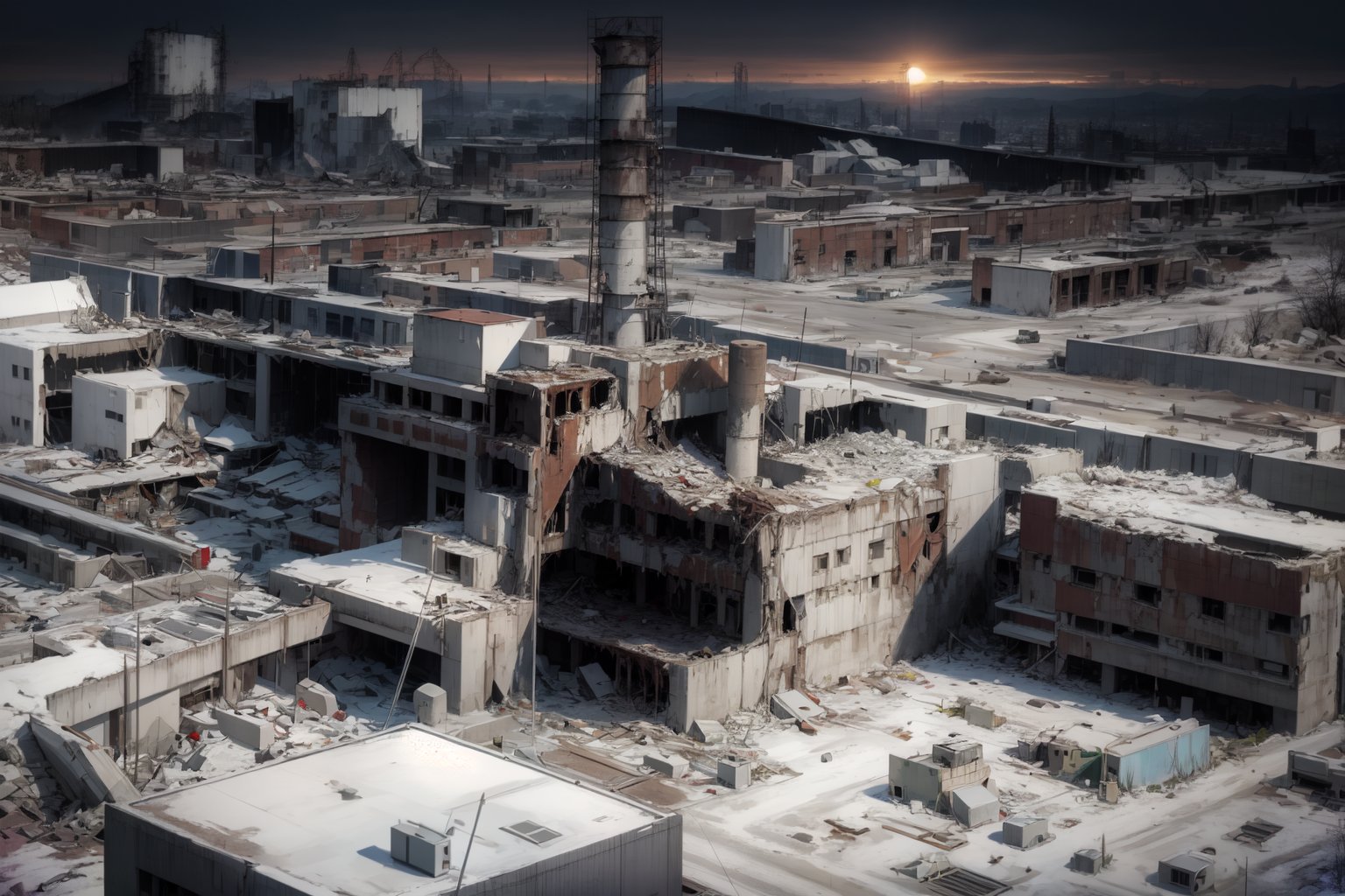 high resolution, ((masterpiece)), Chernobyl, Ukraine, nuclear accident, destroyed city, rubble, nuclear power plant, black and white image, some color sections, cold sun in the background