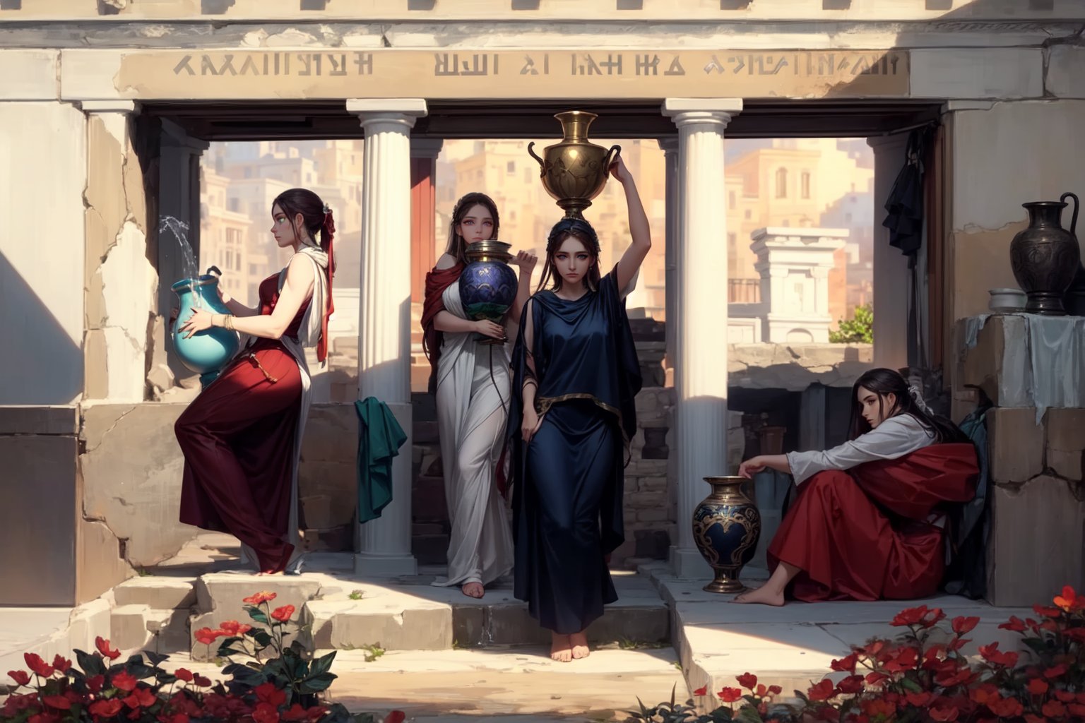 highres, ((masterpiece)), 5girls, ultra detailed, ancient city, Argos, Greece, Argos greek city of the Peloponnese, {(((greek mythology clothing)))}, (greek mythology), greece environment, Danaides the daughters of Danaus, in the castle of Argos in Greece, (((carrying a vase with water))), (holding a vase on her head), holding a vase. Two of them are sitting, clothing from Greece,ruins, some trees, LostRuins,scenery