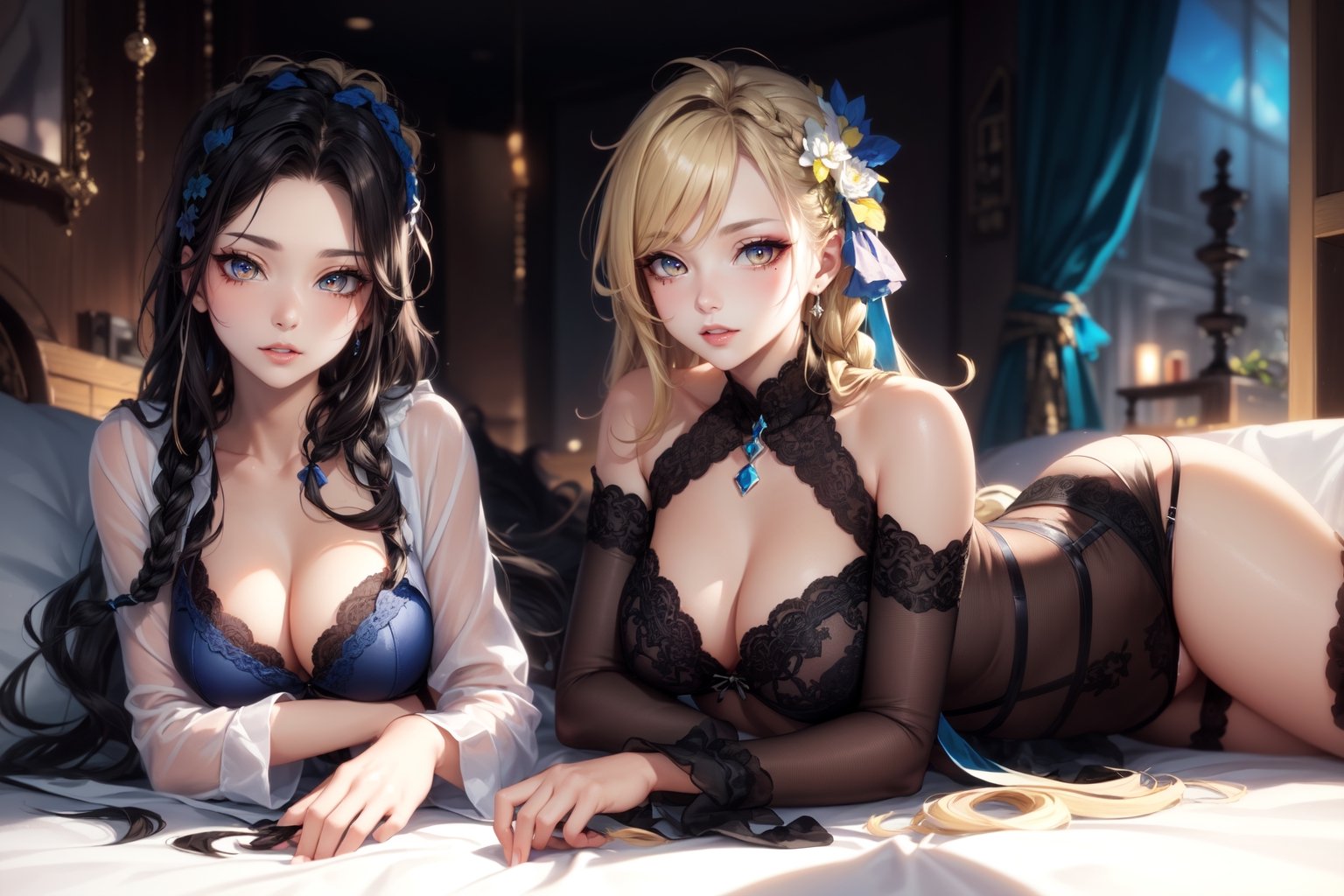 high resolution, ((masterpiece)), 2girls, ((1st girl with blonde hair, two braids, medium chest, dressed in a low-cut white shirt, bare legs wearing black panties, perfect face, Asian and blue eyes, outlined eyes, super detailed eyes)), ((2nd girl with black hair, loose and wavy, big chest, dressed in lingerie, perfect face, big yellow eyes, outlined eyes, super detailed eyes))