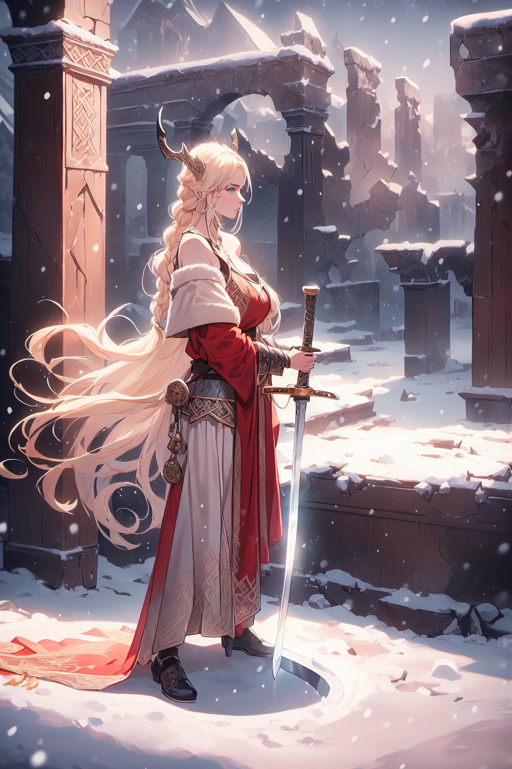 highres, ((masterpiece)), ultra detailed, ((1girl:1.4)), otherworldly hues, (((landscape ruins background, snowy landscape))), (((viking woman))), ((amber eyes)), surreal landscapes, braided hairstyle, ((ash blonde hair)), (((viking outfit))), cold colors, pale skin, (((rude look)), (((holding a sword))), snowing