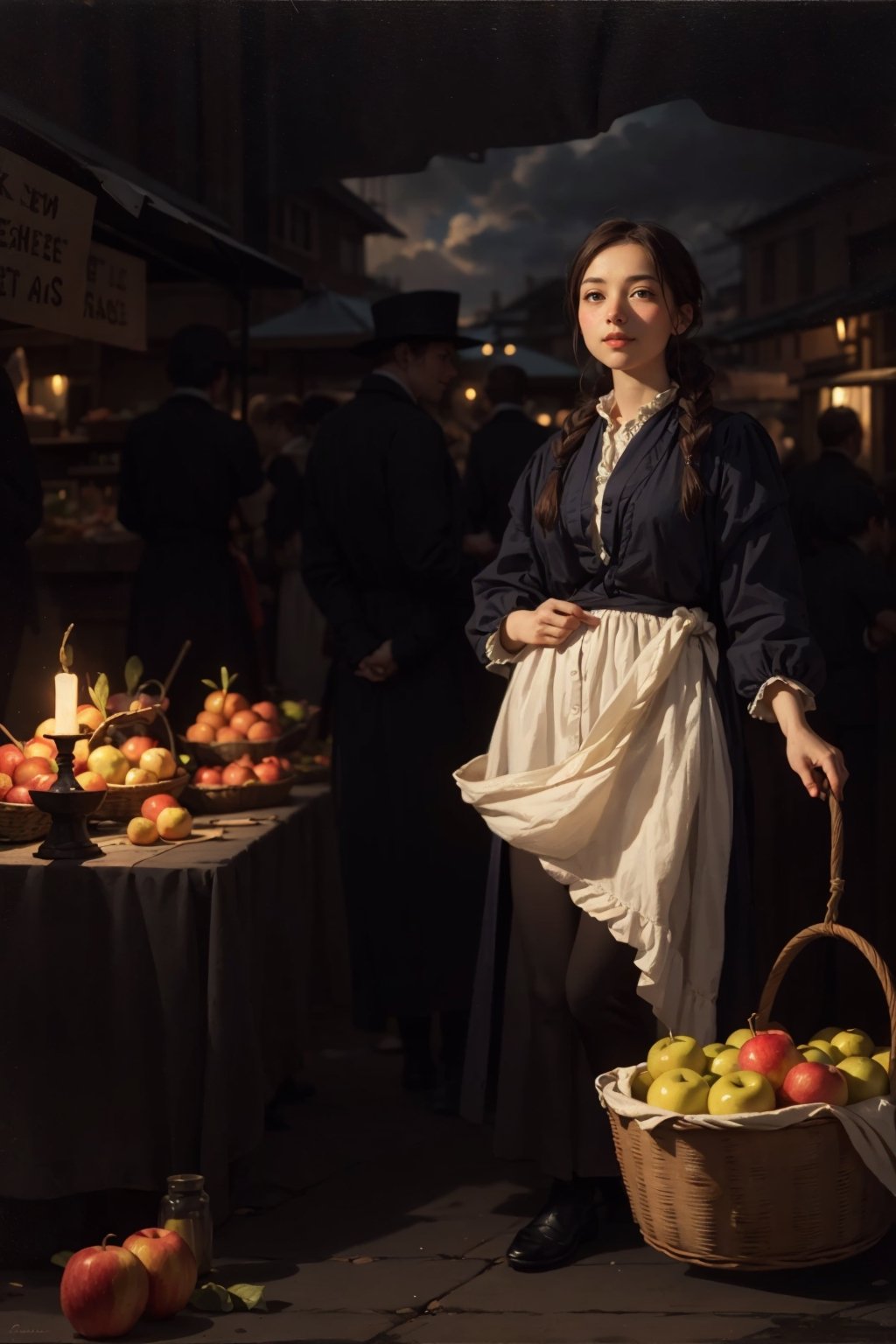 high resolution, ((masterpiece)). Work of the painter Petrus van Schendel. Chiaroscuro technique, oil painting. (((Dark stage, woman stands out for lighting))). Young woman with brown hair tied up, serious look at the viewer, sweet and subtle smile, wearing Dutch clothing from the 19th century, face illuminated with candlelight, holding a basket full of apples and with another hand on his waist. ((Scene set in the 19th century in Holland, afternoon and night market, people in the background surrounding them in deep shadows. Everything in the dark, dirt streets)), table at the woman's side, table full of fruits and vegetables, candle on top of the table, other street vendor stalls behind the woman, many people not so far behind the woman, clouds