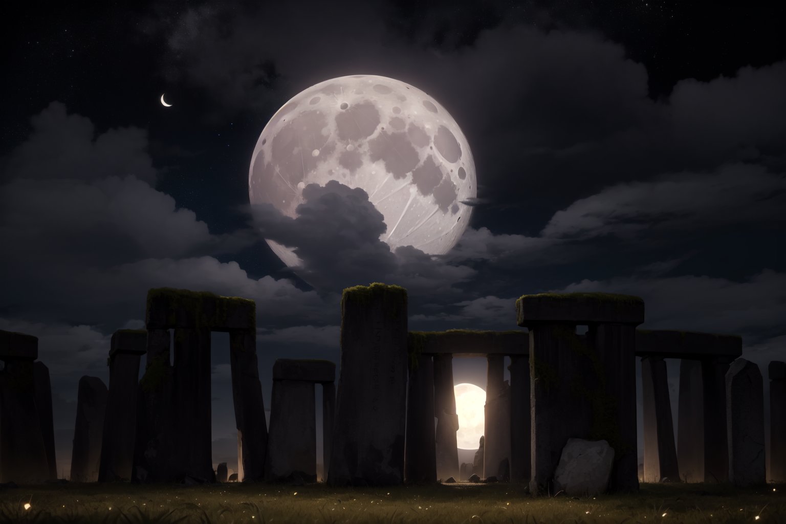 high resolution, ((masterpiece)), Salisbury, England, Stonehenge monument stone, grass floor only, ((monument on grass)), ((ancient setting, bronze age 3100 BC)), from night, big moon behind, stars and clouds in the background, high resolution, ((masterpiece)), Salisbury, England, Stonehenge monument stone, grass floor only, ((monument on grass)), ((ancient setting, bronze age 3100 BC)), from night, big moon behind, stars and clouds in the background, (((moon covered by clouds)))