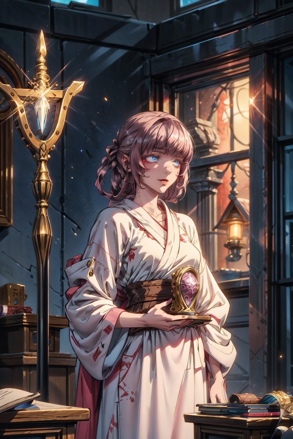 (4k), (masterpiece), (best quality),(extremely intricate), (realistic), (sharp focus), (award winning), (cinematic lighting), (extremely detailed), 

A young sorceress girl stands in a dimly lit room, her white robes flowing behind her. She has long, black hair, and piercing red eyes. In her hands, she holds a glowing staff.

She is standing in a tower, looking out at the stars.

She is clearly a powerful and knowledgeable sorceress.

The sorceress is focused on her task, but she also has a mischievous glint in her eye. She is clearly excited about the power that she possesses, and she is eager to use it to make a difference in the world.,EpicSky,Isometric_Setting,High detailed ,nanakusa nazuna,pink_hair,blue_eyes,hair_rings,