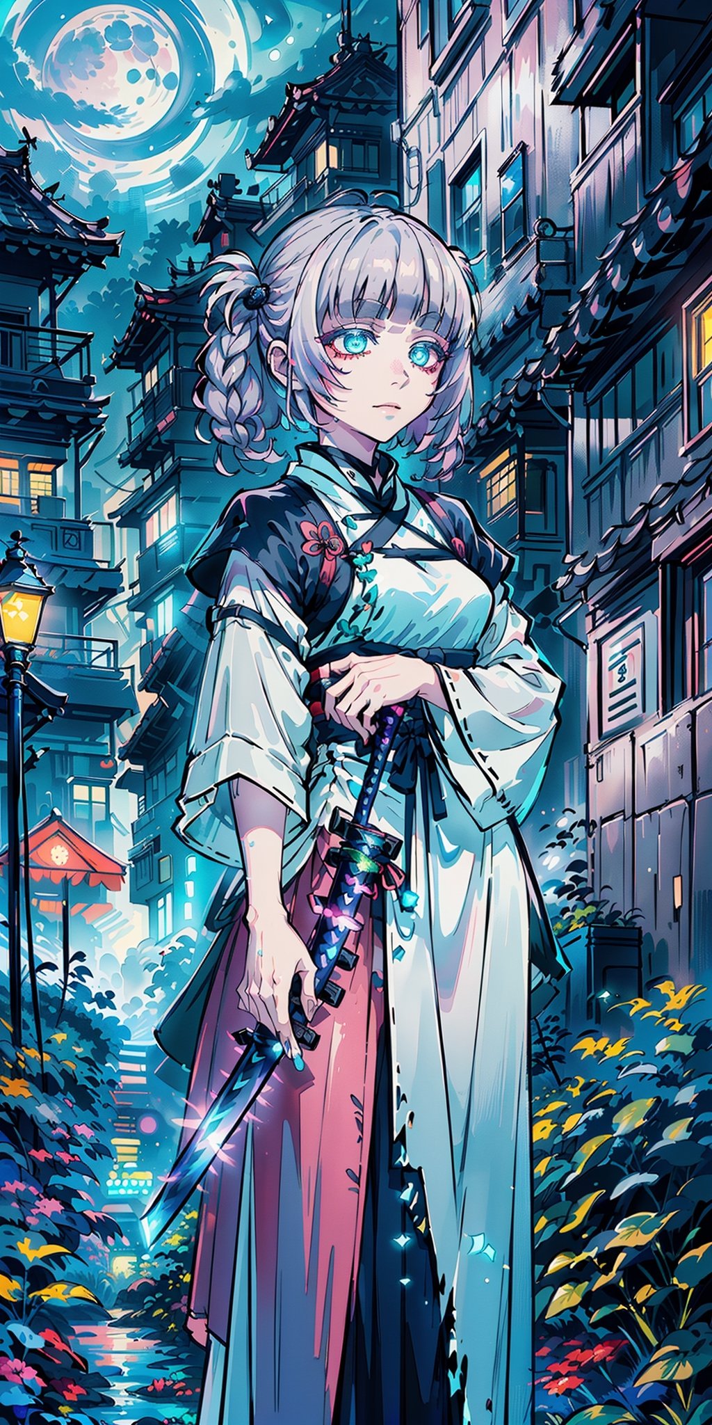 (datamoshing:1.5), (8k uhd, masterpiece, best quality, high quality,ultra-detailed, detailed background, depth of field), (beautiful, aesthetic, perfect, delicate, intricate:1.2), (1girl), (solo), (human, emerald eyes:1.3), (cyberpunk style, aodai cyber,moonlight, (clutching katana, blade gleaming under the moonlight:1.4), swift rust, leaves, magical, (serene background:1.3), Chrysanthemum, fierce, smirking, determined eyes, spectral moon, mysterious, faint mist, water surface, silver lighting, eyes glittering (poorly_lit, dark moonlight:1.3), fantasy,nanakusa nazuna,pink_hair,