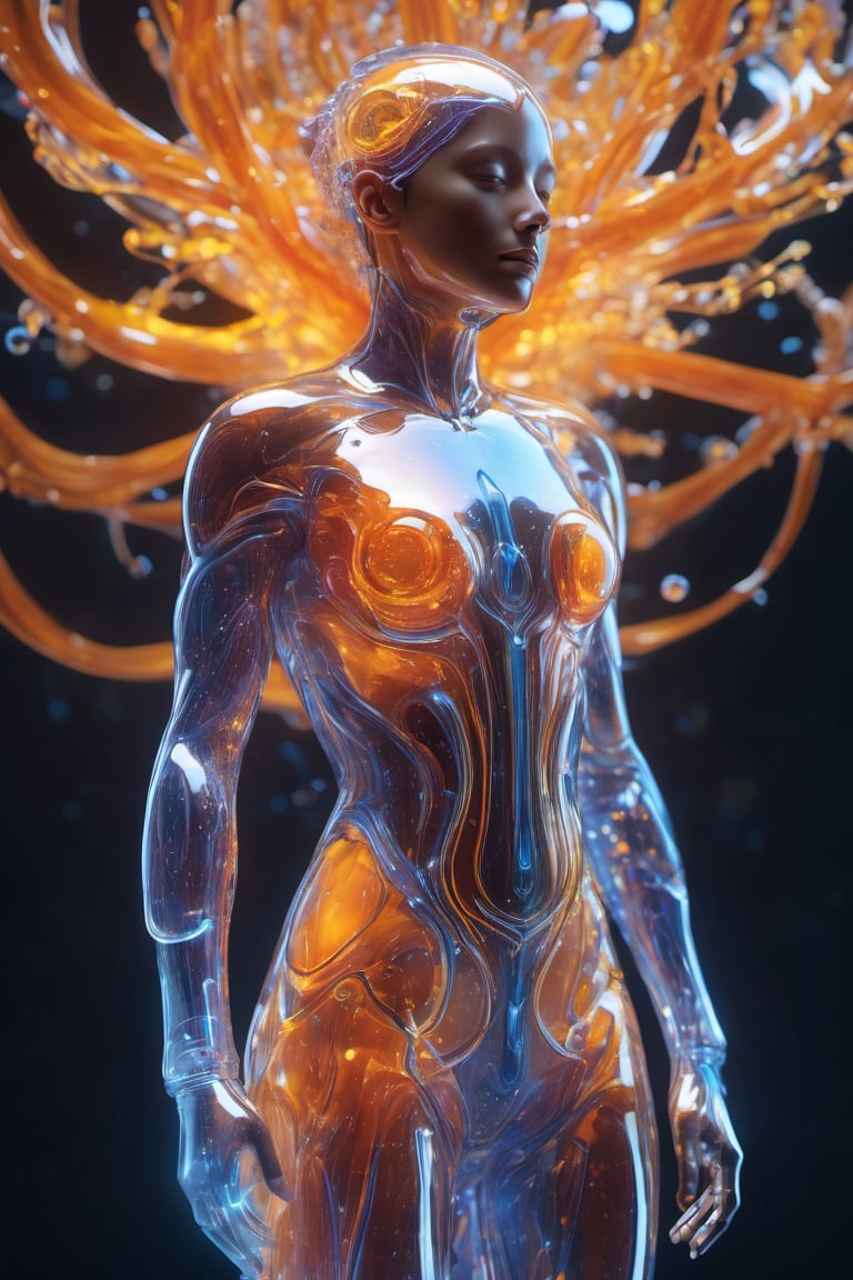 the liquid human body, quantum flux, emergence energy, full body, nature, subsurface scattering, transparent, translucent skin, glow, bloom, Bioluminescent liquid,3d style,cyborg style,Movie Still,Leonardo Style, warm color, vibrant, volumetric light, foam glow