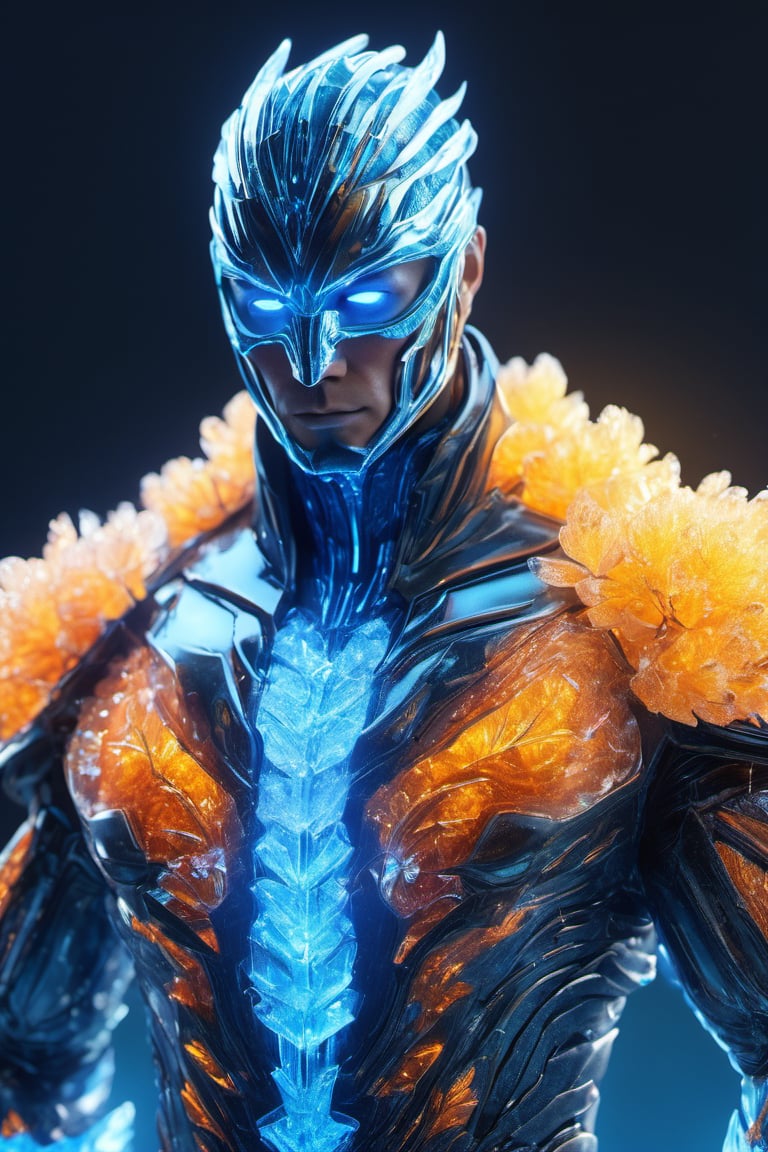 the frozen male body, sub zero, full body, nature, subsurface scattering, transparent, translucent skin, glow, bloom, Bioluminescent liquid,3d style,cyborg style,Movie Still,Leonardo Style, warm color, vibrant, volumetric light