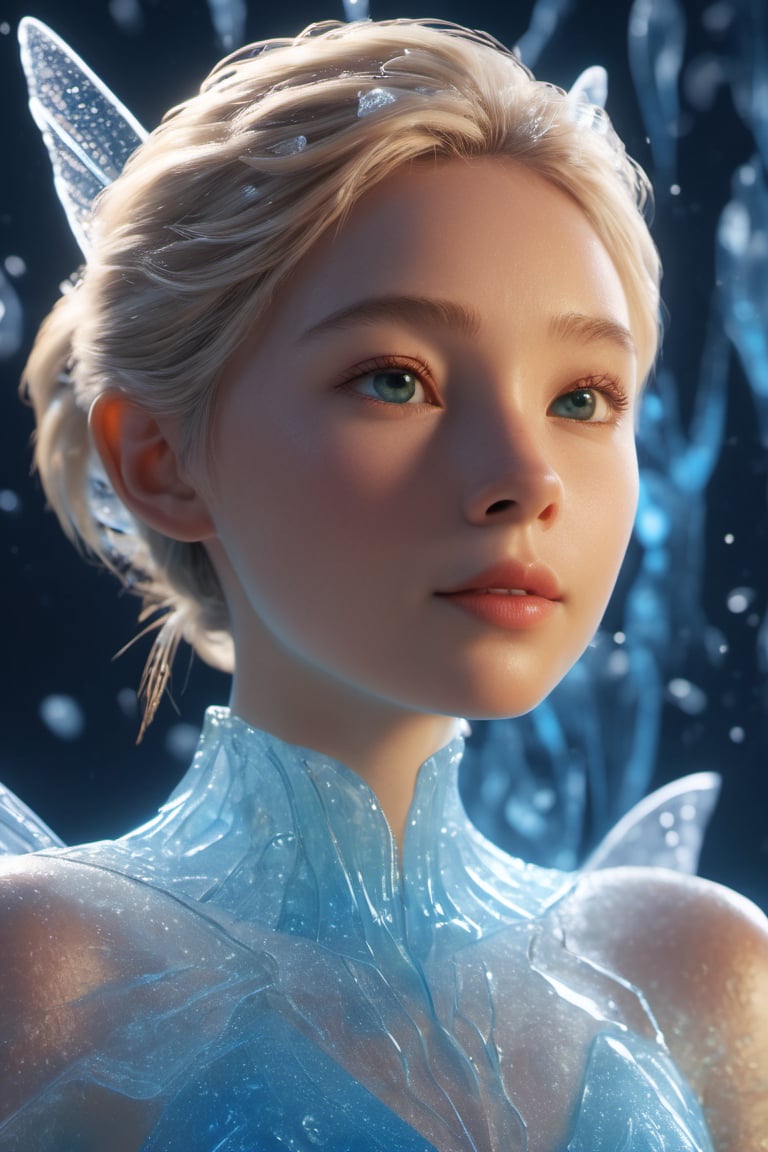 the frozen human body, tinkerbell, full body, nature, subsurface scattering, transparent, translucent skin, glow, bloom, Bioluminescent liquid,3d style,cyborg style,Movie Still,Leonardo Style, warm color, vibrant, volumetric light