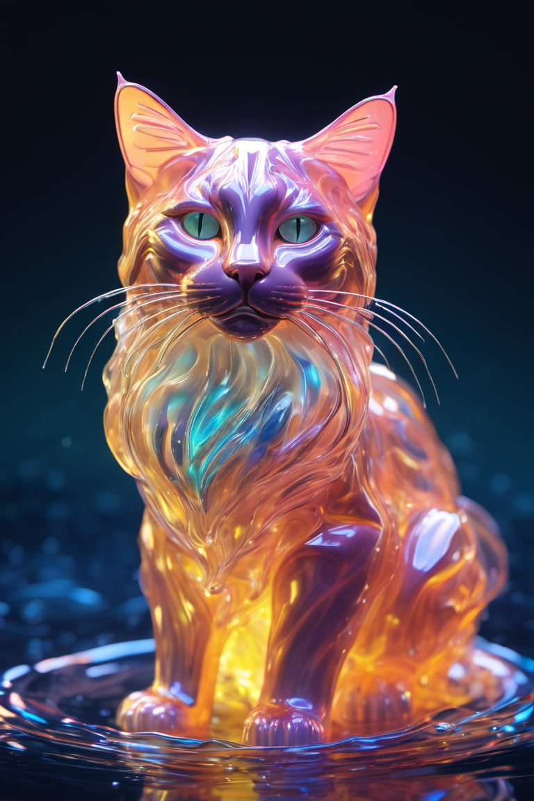 the liquid cat body, maine coone, emergence energy, full body, nature, subsurface scattering, transparent, translucent skin, glow, bloom, Bioluminescent liquid,3d style,cyborg style,Movie Still,Leonardo Style, warm color, vibrant, volumetric light, foam glow