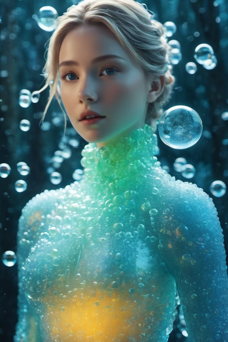 the frozen human body, bubbles, green eyes, blue bubble top, emergence energy, full body, nature, subsurface scattering, transparent, translucent skin, glow, bloom, Bioluminescent liquid,3d style,cyborg style,Movie Still,Leonardo Style, warm color, vibrant, volumetric light, foam glow