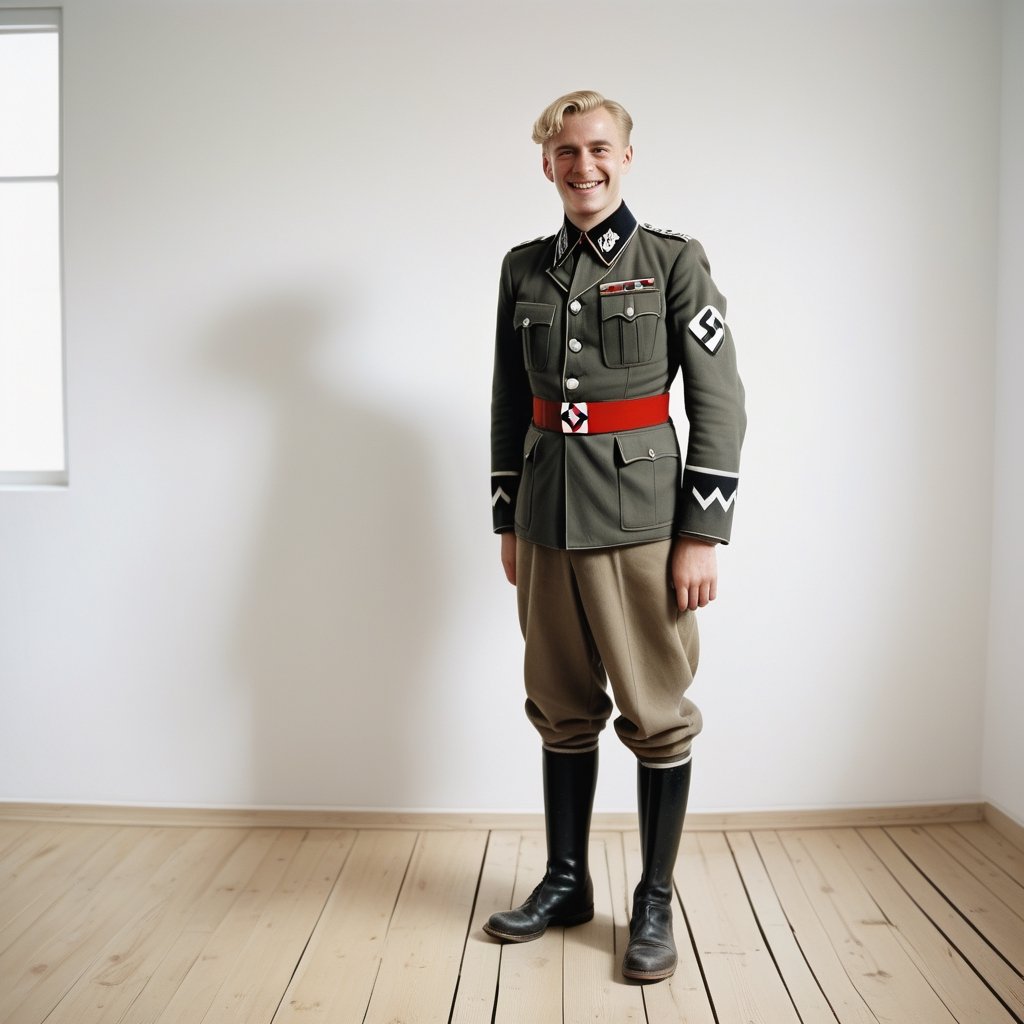 Blonde-haired man, Nazi military uniform,smile full-body shot, Feet standing on wooden floor ,white room