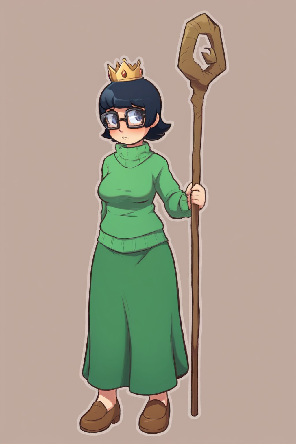 Glasses, short hair, crown,Staff, sweater and long skirt,shy full body 